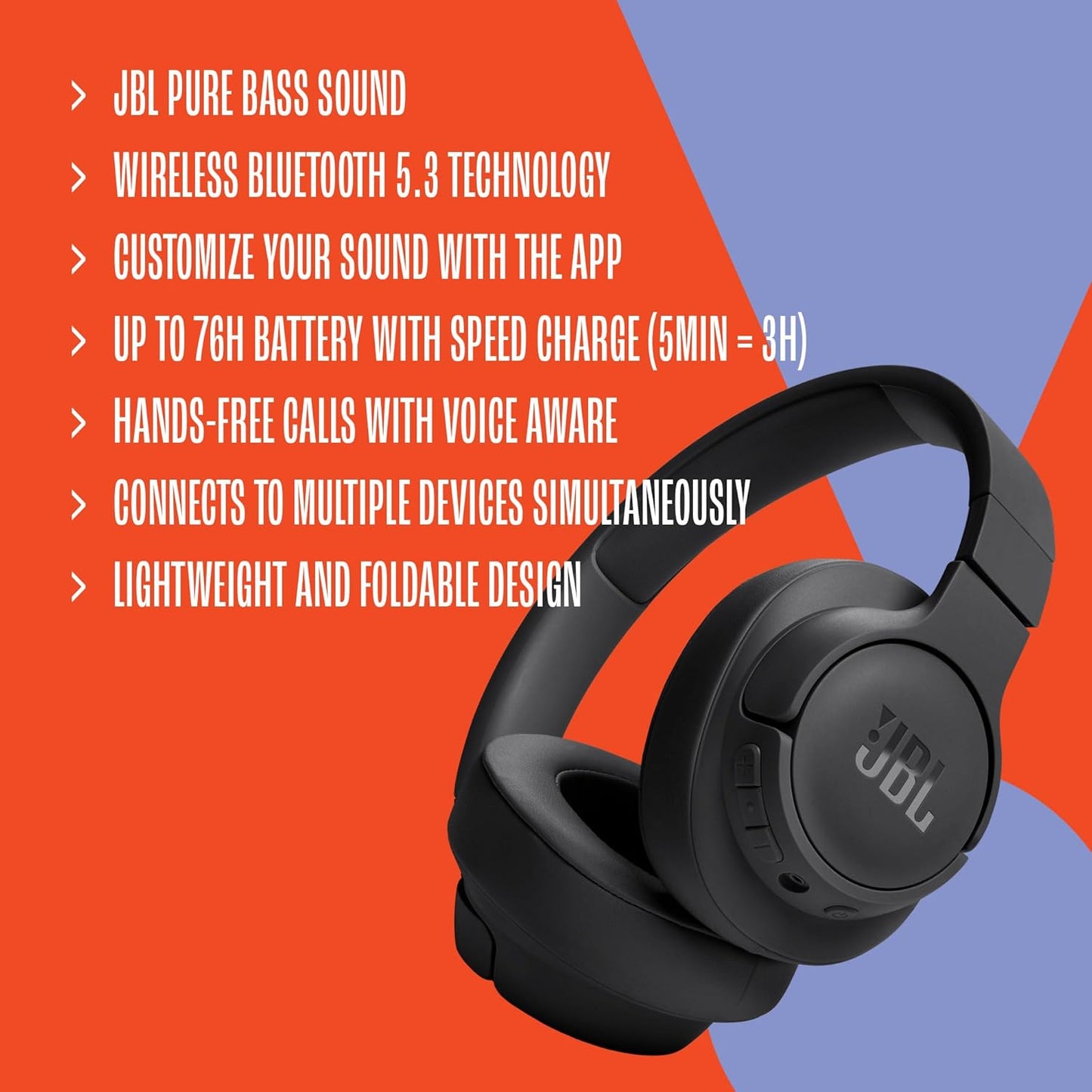 JBL Tune 720BT - Wireless Over-Ear Headphones with JBL Pure Bass Sound, Bluetooth 5.3, Up to 76H Battery Life and Speed Charge, Lightweight, Comfortable and Foldable Design (Purple)