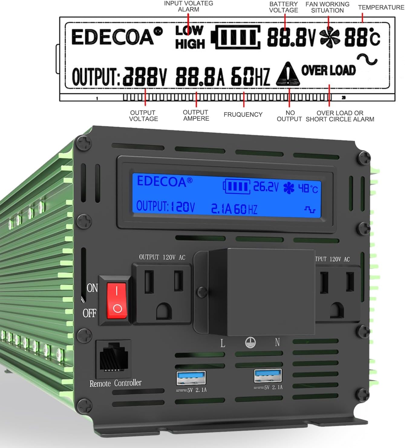 EDECOA 3000 Watt Power Inverter DC 12V to AC 110V 120V 3000W Converter for Car Truck RV with LCD and Dual USB Romte Controller (ETRC Remote)