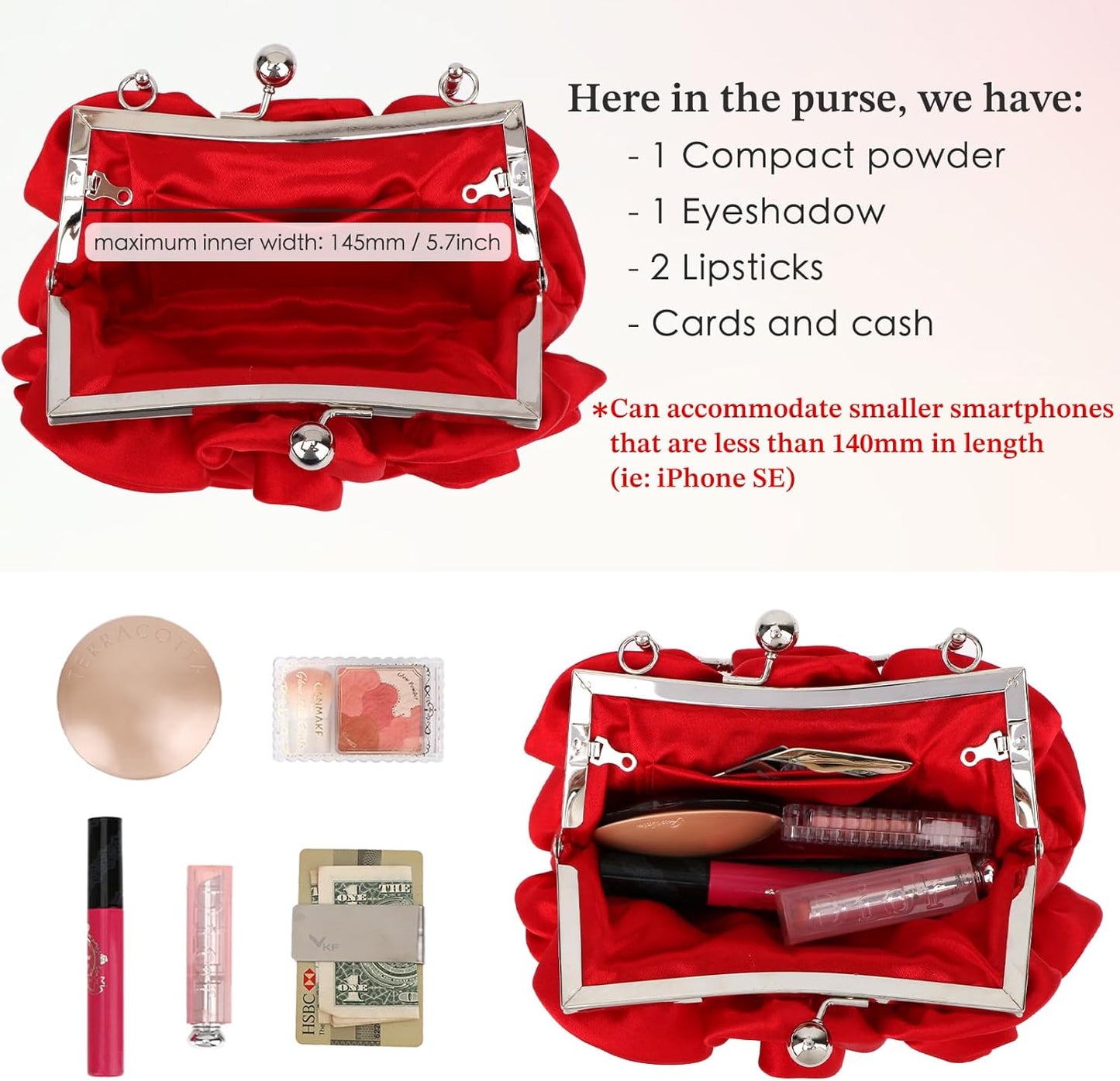 kilofly Missy K 7 Roses Clutch Purse, Satin, with Detachable Strap + kilofly Money Clip