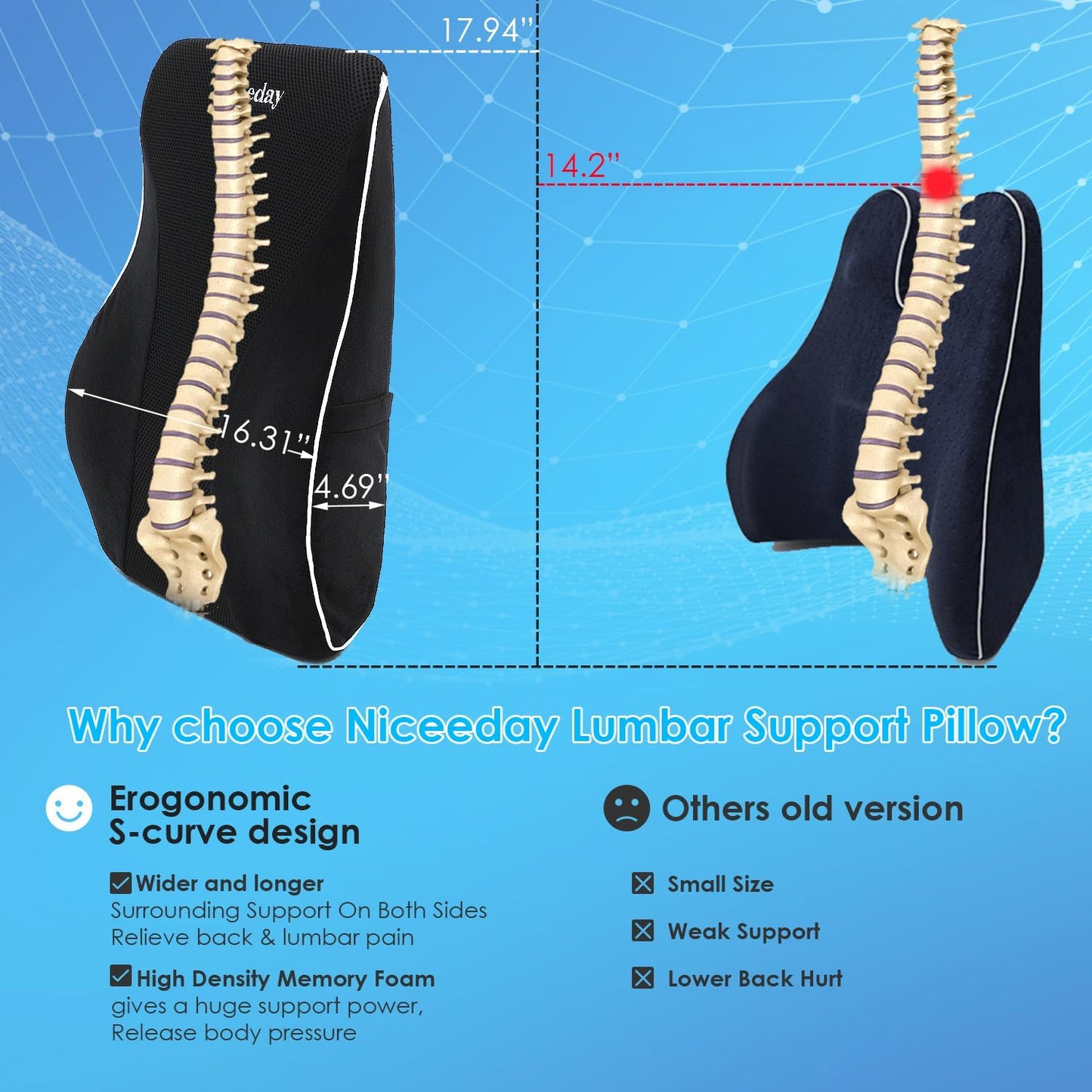 Gel Lumbar Support for Office Chair Back Support for Lower Back Pain Relief Cooling Chair Back Support Cushion Improves Posture Back Rest Memory Foam Back Support Pillow for Gaming Chair, Driving Seat