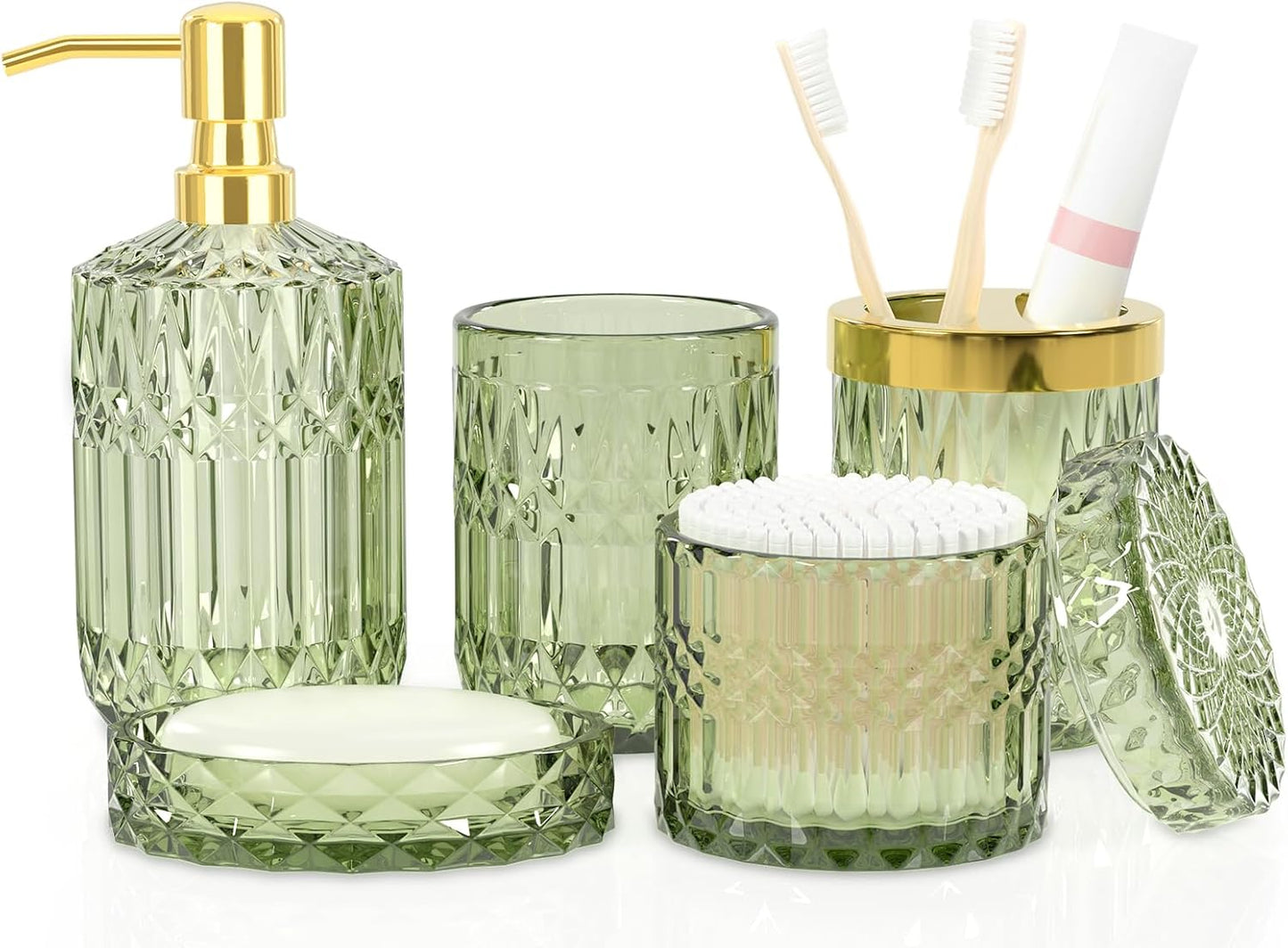 Premium Green Glass Bathroom Accessories Set (5PCS), Glass Soap Dispenser Set with Rust Proof Stainless Steel Pump, Elegant Modern Bathroom Decor Set, Gift for Valentines Day, Birthday or Housewarming
