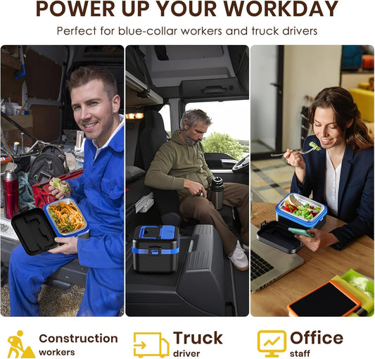 Cordless Electric Lunch Box, Battery Powered Heated Lunch Box, 1 Liter Food Insulated Lunchbox with Fork and Spoon Insulated Carrying Pouch for Truck Drivers Blue Collar (Black)