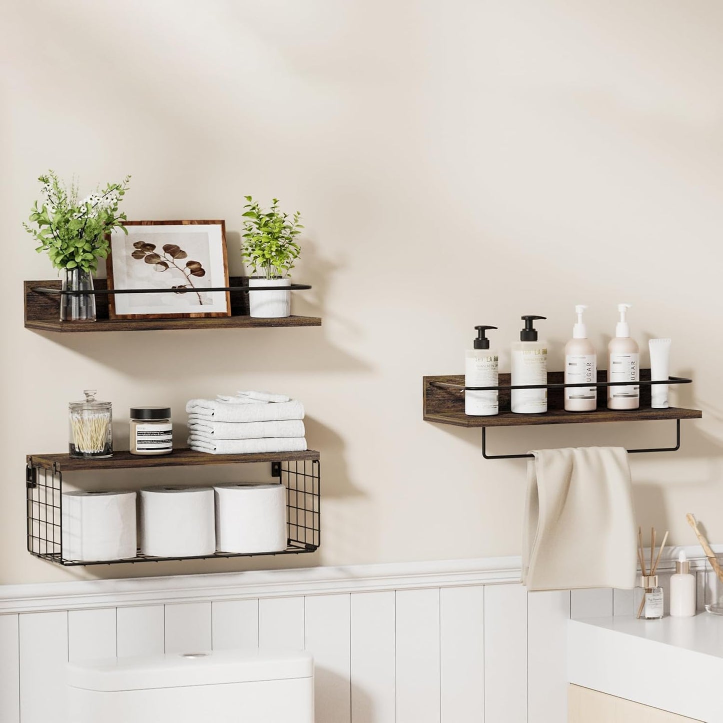 Bathroom Shelves with Wire Storage Basket, Wood Wall Mounted Floating Shelves Over Toilet Paper Holder with Towel Bar for Bedroom, Living Room, Kitchen and Bathroom