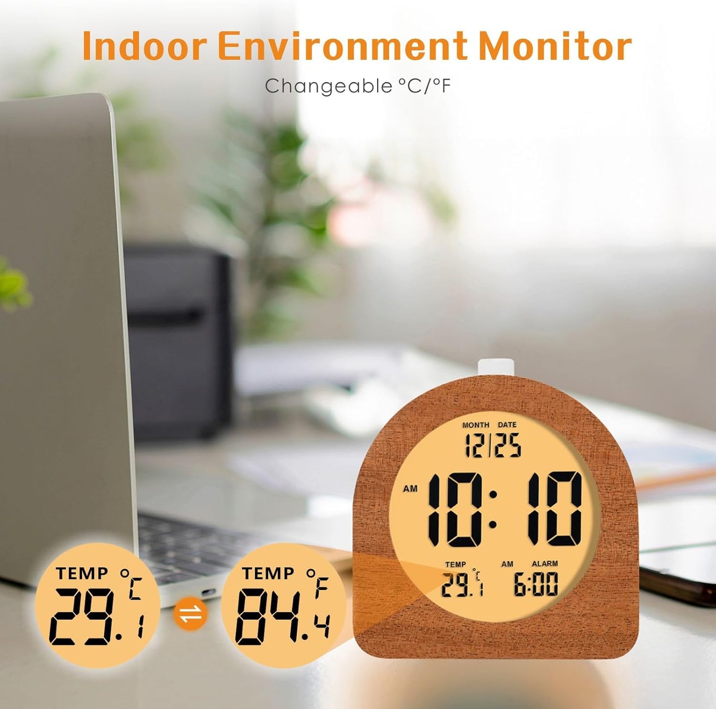 Plumeet Wooden Digital Alarm Clock for Bedrooms, Wood 4'' Battery Powered Alarm Clock with Snooze and Nightlight, Electronic LCD Desk Clock Display Time, Date, Temp, 12/24H, Wood Décor (Sapele, 3.2'')