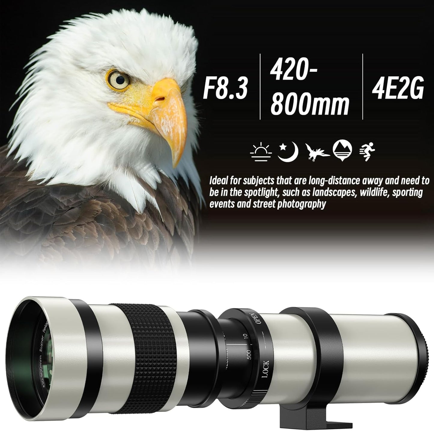 EF/EF-S 420-800mm F8.3 Telephoto Zoom Lens(MF) + T-Mount Adapter for Canon EOS Rebel T8i/T7i/T7/T6i/T5/T3i/T2i/XSi/SL3/SL2/T100/90D/80D/70D/50D/5D Mark IV/6D II/7D II/1D X III II-DSLR Cameras Lenses