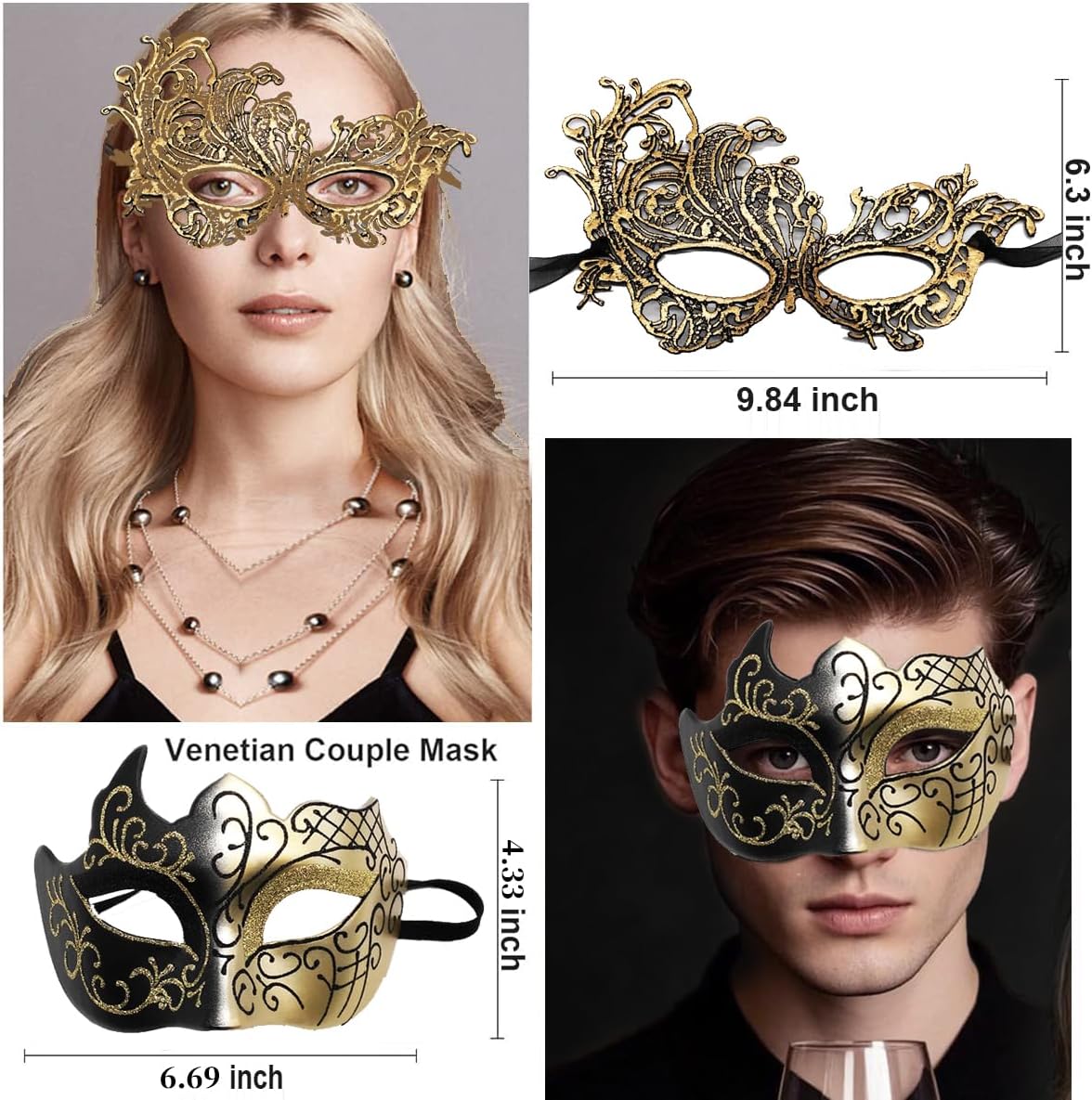Masquerade Mask for Couple Men Venetian Mask for Halloween Lace Masque Costume Eyemask Party Prom Ball Mardi Gras (golden)