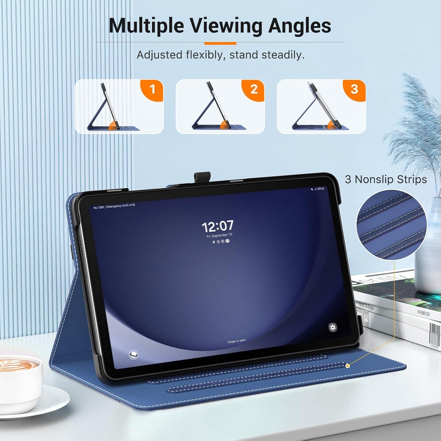 MoKo Case for Samsung Galaxy Tab A9 Plus 11" 2023 (SM-X210/SM-X216/SM-X218), PU Leather Multi-Angle Viewing Folding Stand Cover Case with Hand Strap, Front Pocket, Auto Wake/Sleep, Denim Blue & Brown