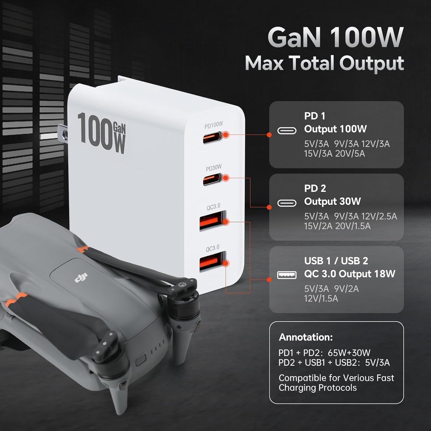 RCstyle Drone Power Adapter,100W GaN Charger 4-Port, Dual PD (100W/30W) and QC3.0 Port Fast Charger,for DJI Flip, DJI Avata 2,DJI NEO,Air 3S,Air 3,Mini 2,Mini 3 Pro,Mini 4 Pro,Air 2s,Drone Accessories