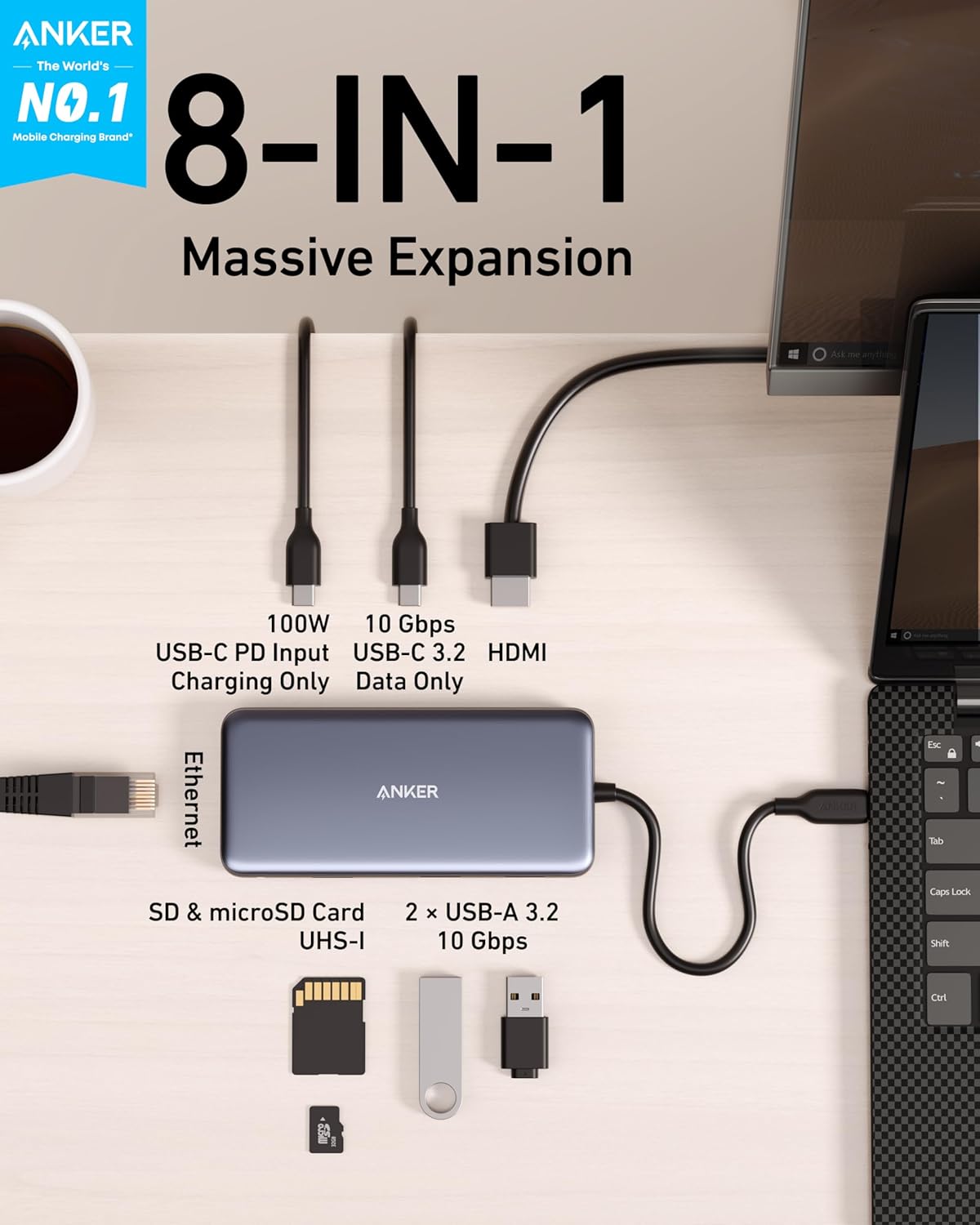 Anker USB C Hub, PowerExpand 8-in-1 USB C Adapter, with 100W Power Delivery, 4K 60Hz HDMI Port, 10Gbps USB C and 2 USB A Data Ports, Ethernet Port, microSD and SD Card Reader, for MacBook Pro and More