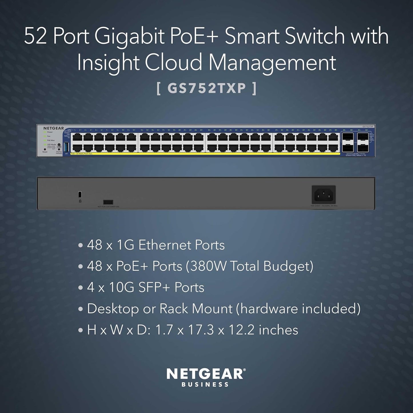 NETGEAR 26-Port PoE Gigabit Ethernet Smart Switch (GS724TP) - Managed, 24 x 1G, 24 x PoE+ @ 190W, 2 x 1G SFP, Optional Insight Cloud Management, Desktop or Rackmount, and Limited Lifetime Protection