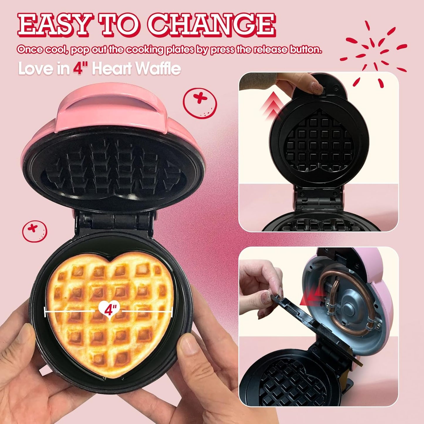 GVAKMM Mini Waffle Maker(Heart),Small Waffle Maker Keto,Mini Wafflera Iron for Kids Family and Individuals,4'' Non Stick Cooking Plates with Fast & Even Heating(Pink)