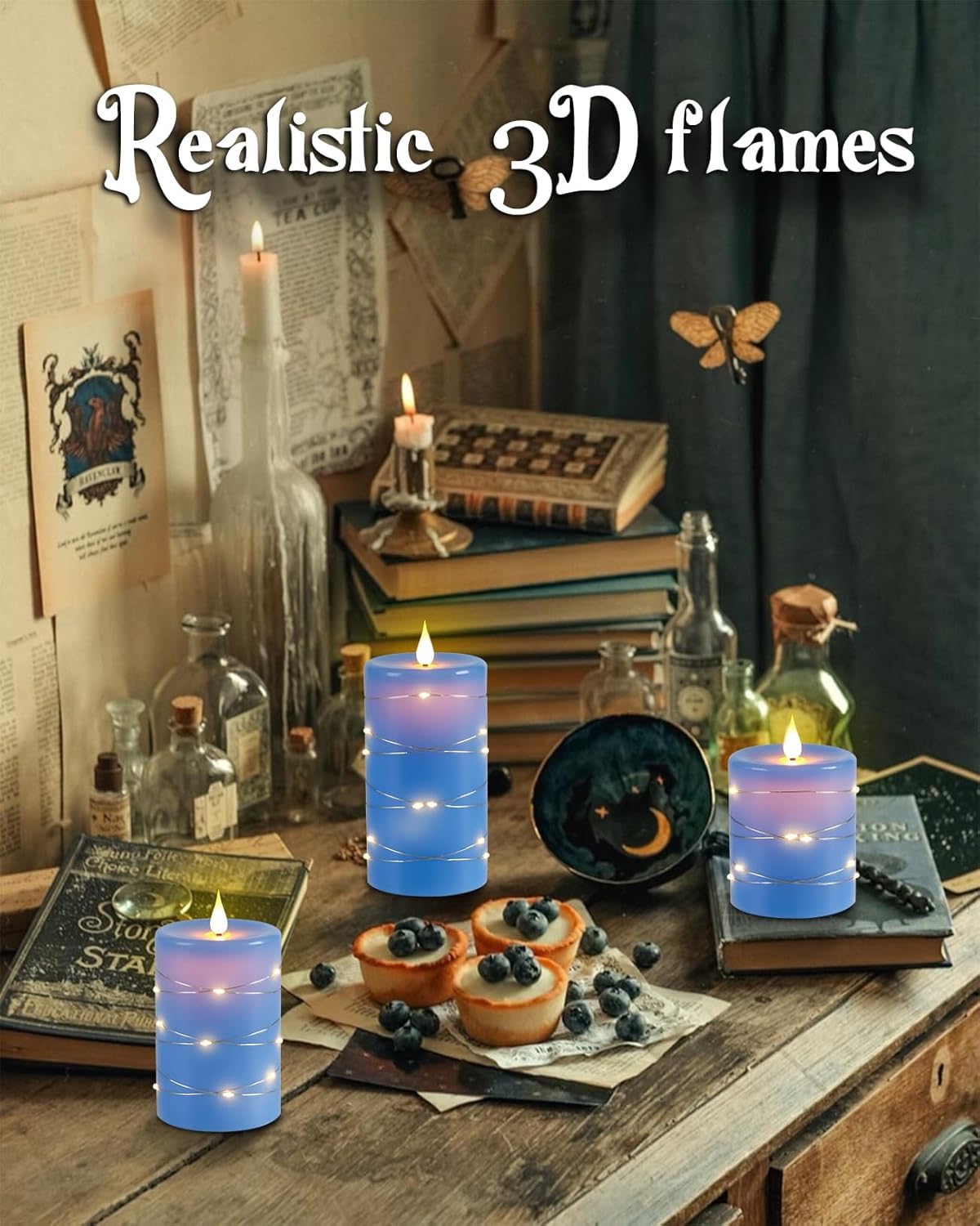 Upinmz Blue Flickering Flameless Candles with Embedded String Lights, Battery Operated Candles with Remote Control and Timer,Flameless LED Candles for Home Decoration,Real Wax, Set of 3