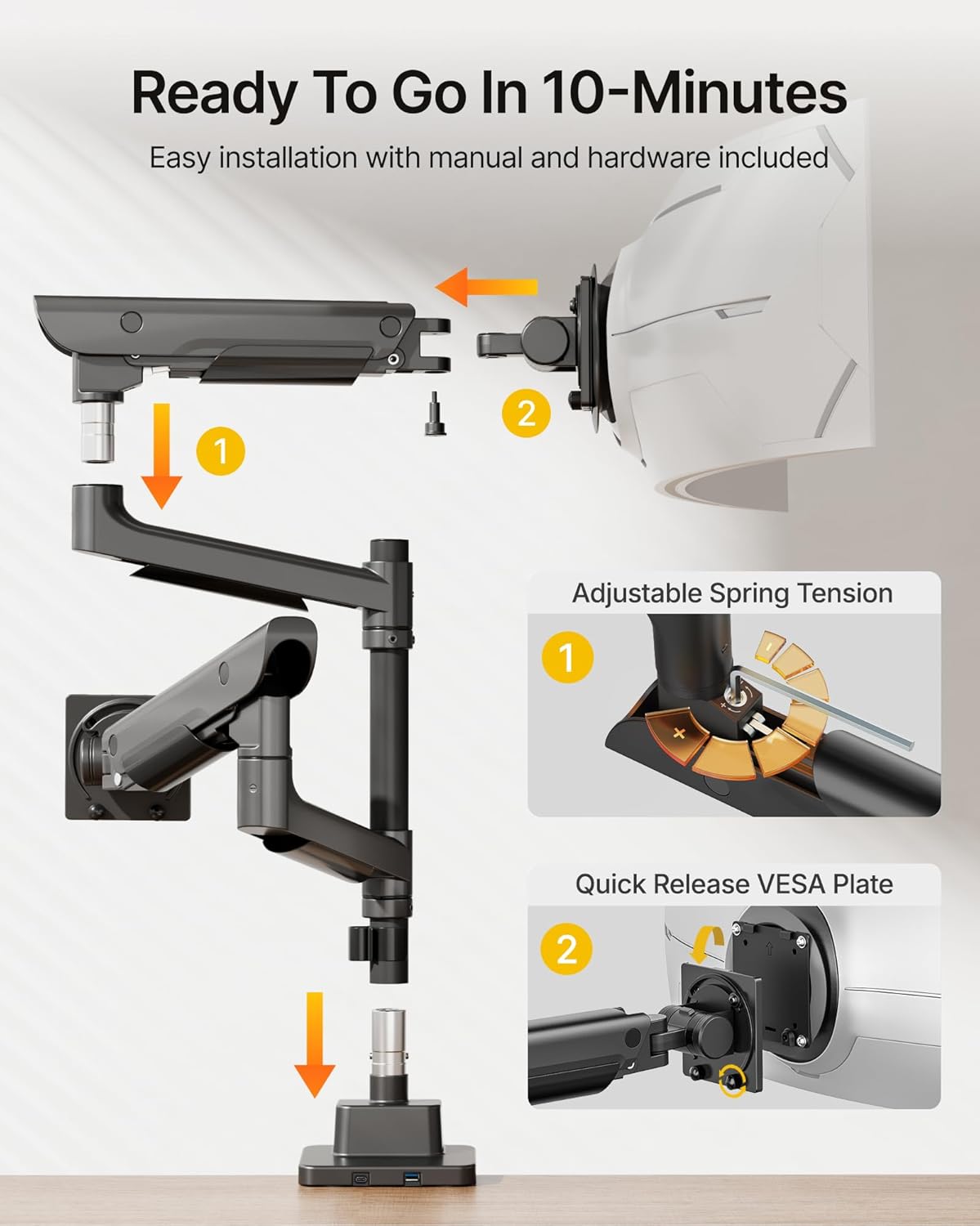 monTEK Premium Aluminum Monitor Arm for 17–57” Ultrawide Screens up to 59 lbs, USB 3.0 Dual Desk Mount with Adjustable Gas Spring, Quick-Release Plate, 10-Min Assembly, Clamp/Grommet, Max VESA 100x100