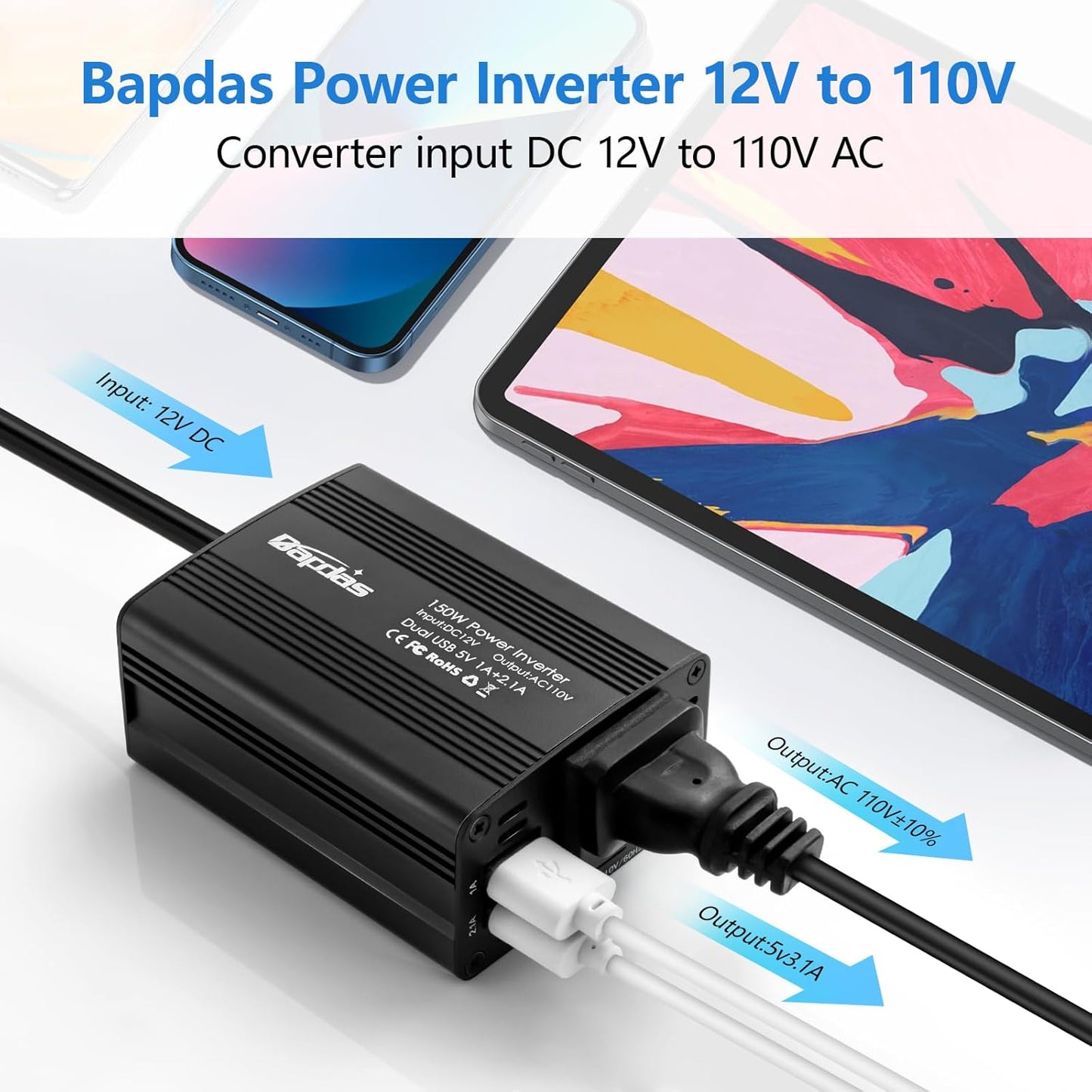 Bapdas 150W Car Power Inverter with 1 DC 12V to 110V AC Outlet Converter and 2 USB Ports Auto Charger Adapter for Laptops and Smartphones-Black