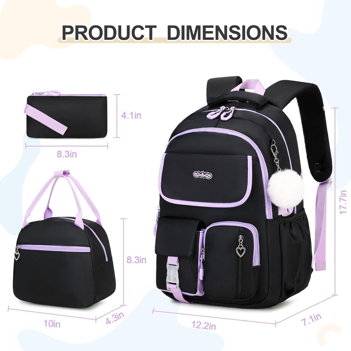 3PCS School Backpack for Girls with Lunch Box Pencil Pouch for Teen Girls Children Elementary Primary Middle High College Daypack School bag Bookbag Set Pink