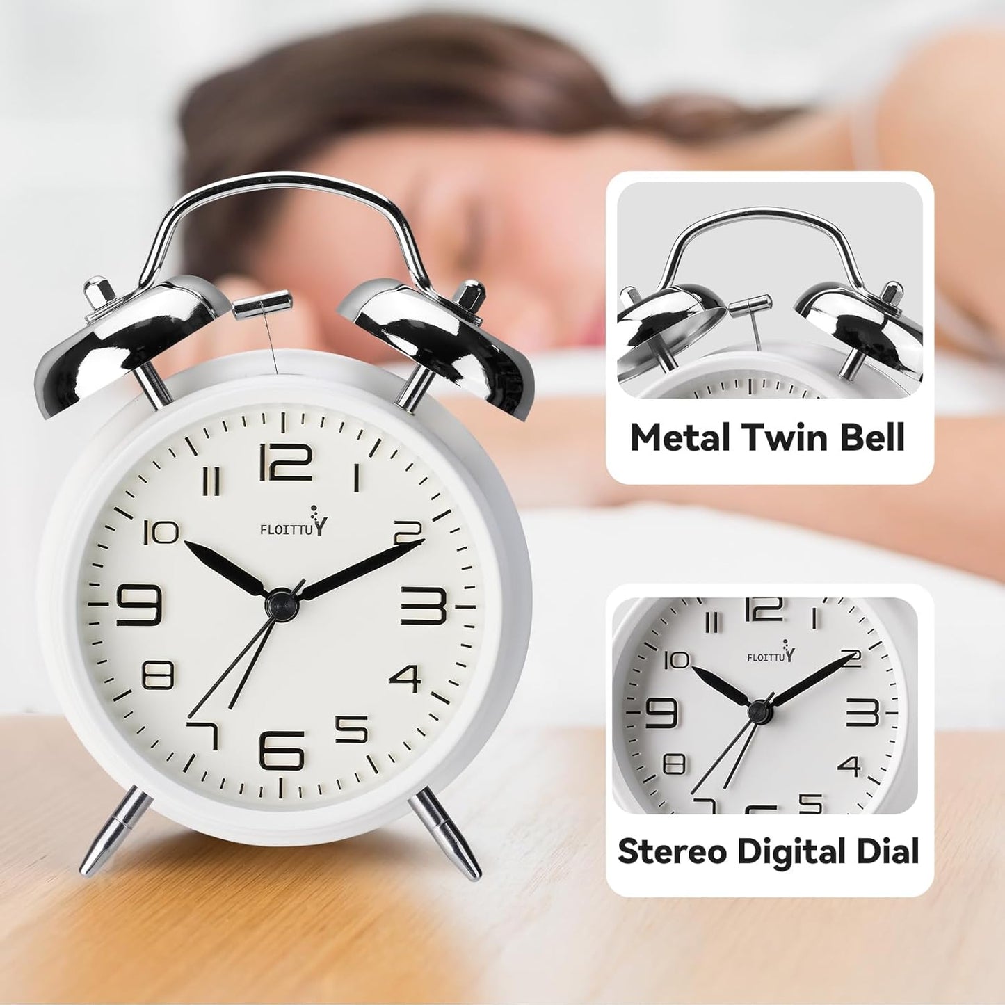 FLOITTUY (Loud Alarm for Deep Sleepers) 4'' Twin Bell Alarm Clock with Backlight for Bedroom and Home Decoration(Black)