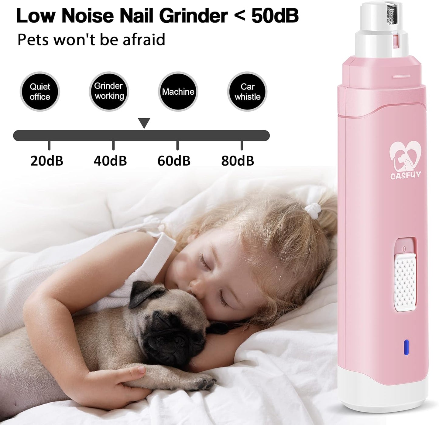 Casfuy Dog Nail Grinder Upgraded - Professional 2-Speed Electric Rechargeable Pet Nail Trimmer Painless Paws Grooming & Smoothing for Small Medium Large Dogs & Cats (White)