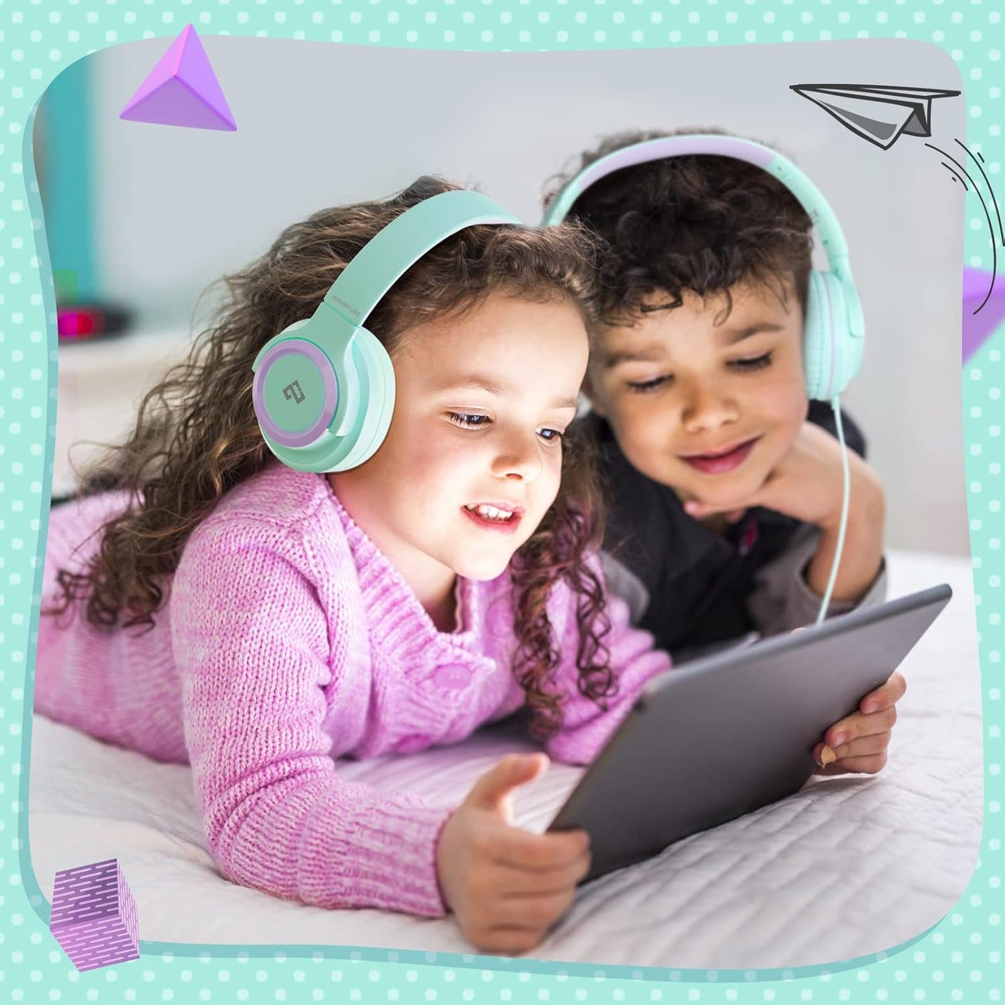 INFURTURE Kids Headphones for School Travel, 94dB Safe Volume Limited, HD Mic Stereo Sound Over-Ear Girls Boys Headphones for Kid, Foldable 3.5mm and USB-C Wired Headphones for iPad Computer
