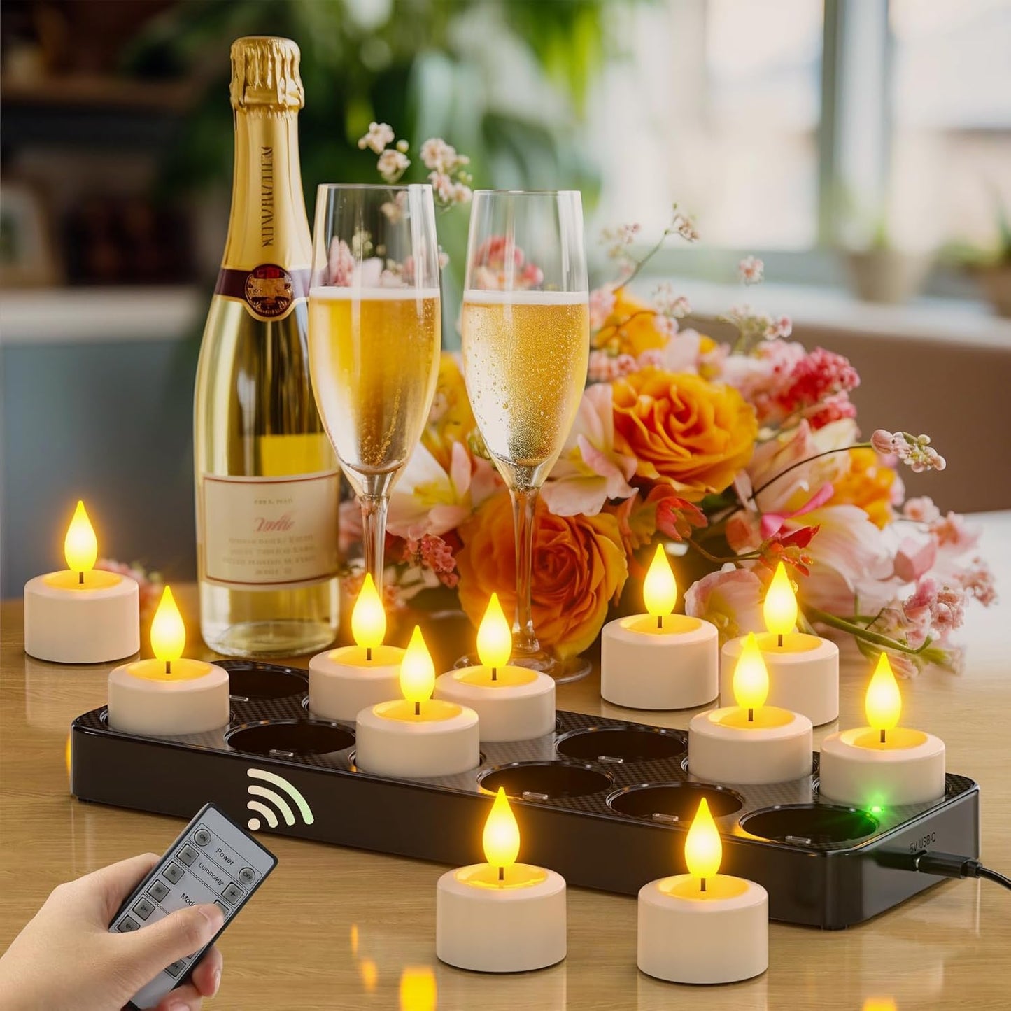 SoulBay Flameless Candles with Remote Control Timer & Charging Base, 12pcs USB Rechargeable Battery LED Tea Lights Candles Small Votive for Lantern Pool Weddings Emergency Christmas Home Decorative