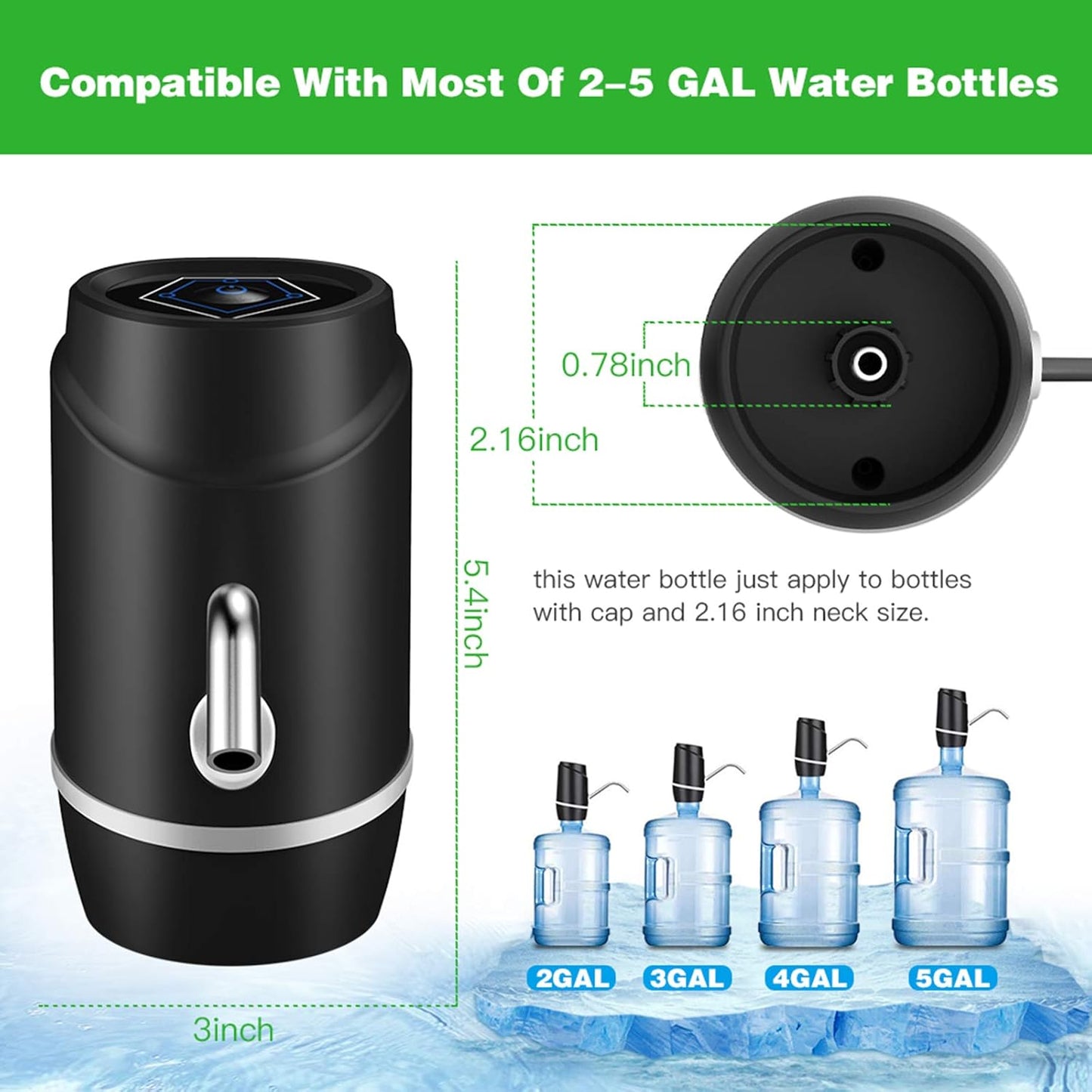 5 Gallon Electric Drinking Portable Water Dispenser, Universal USB Charging Water Bottle Pump for 2-5 Gallon with 2 Silicone