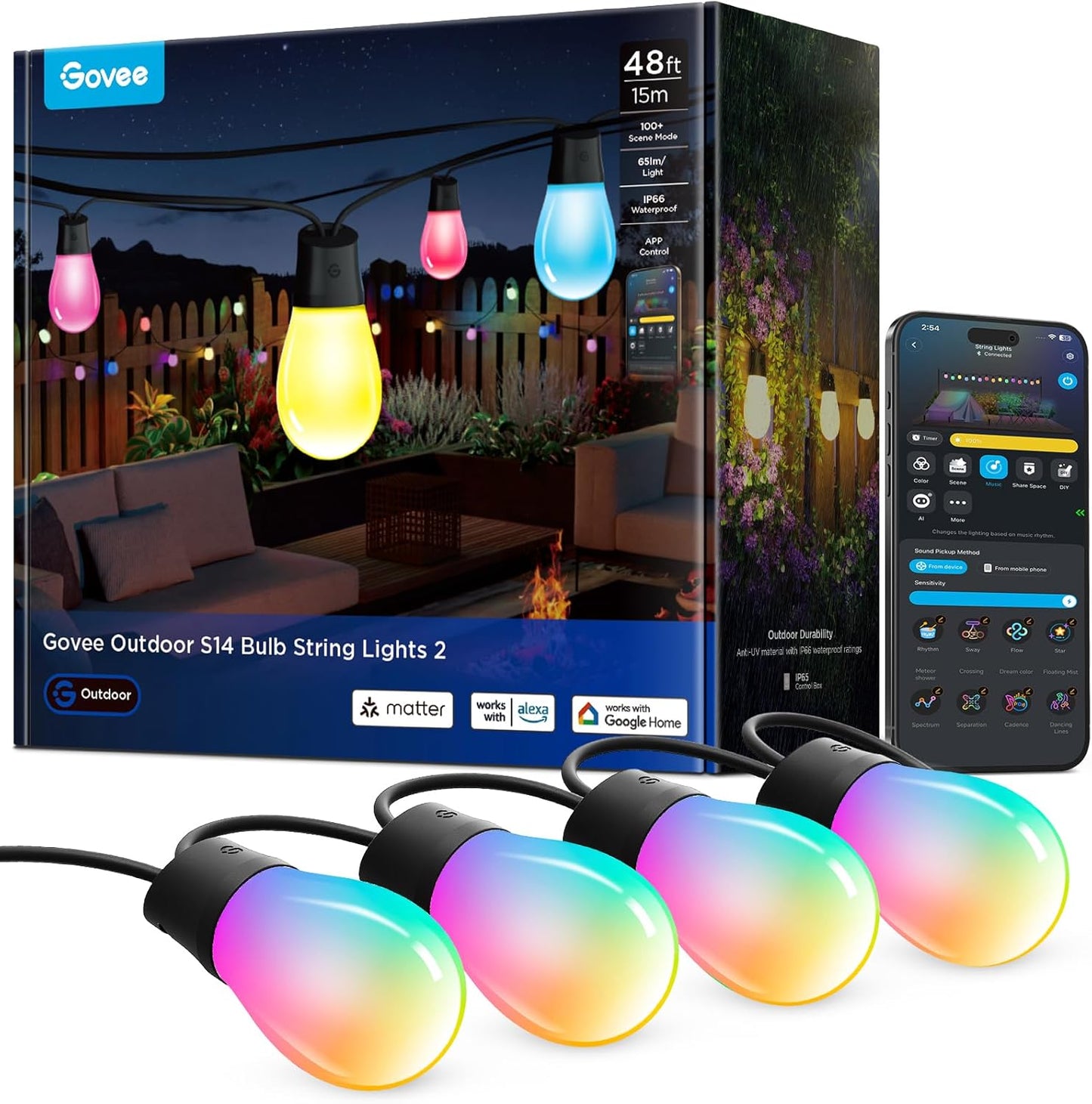 Govee S14 Bulb Outdoor String Lights 2, 96ft Smart RGBIC Warm White Patio Lights with 30 LED Bulbs, 111 Scene Modes for Outdoor Decor, Works with Alexa, Google, Matter, APP Control, IP66 Waterproof