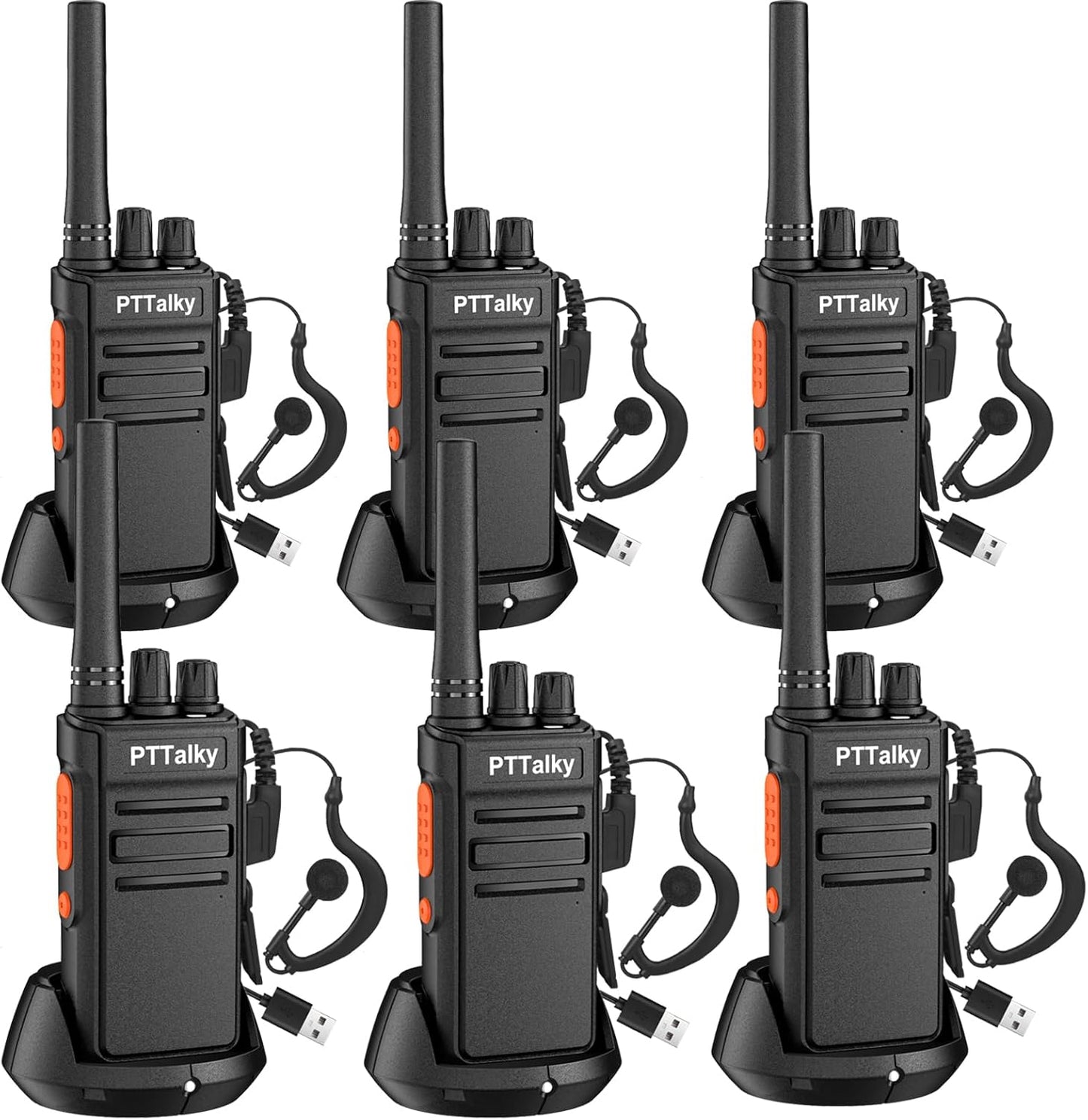 PTTalky FR1 Walkie Talkies with 6-Way Charger, Long Range Walkie Talkies, USB-C Charging, VOX, with Earpieces, 2 Way Radios for Business School Warehouse