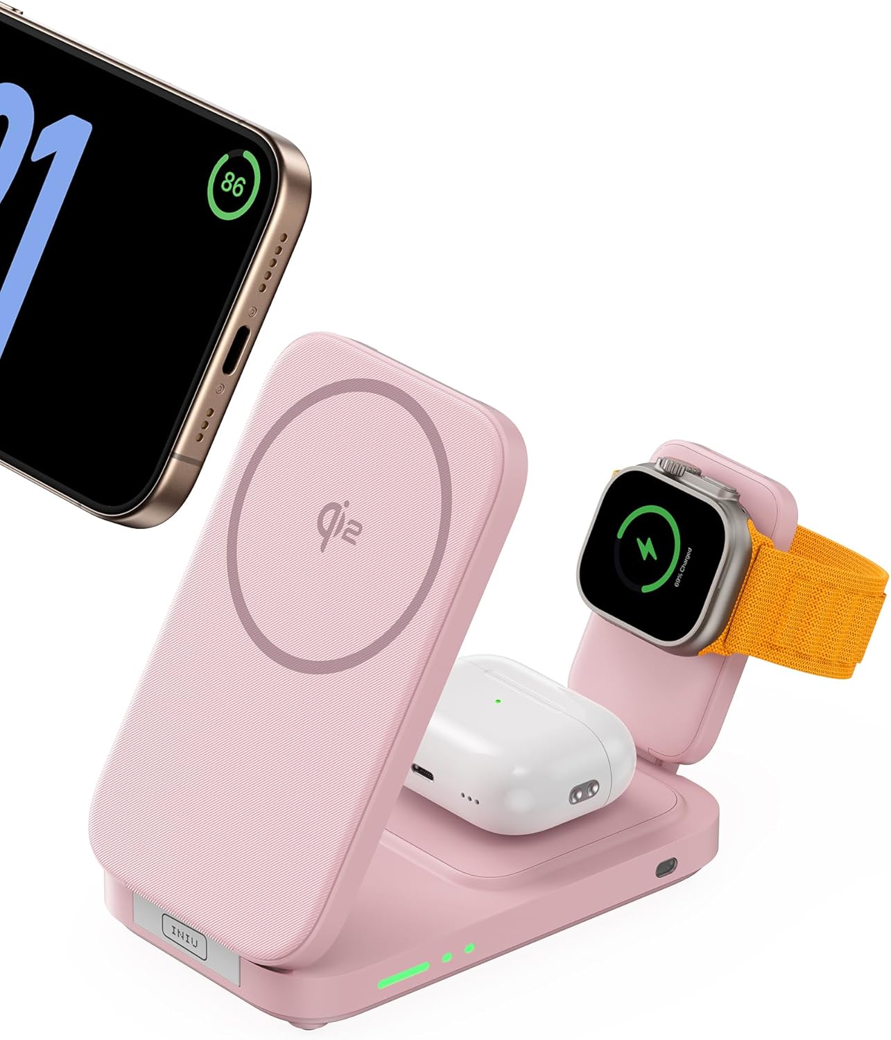 INIU 3 in 1 Wireless Charging Station, Qi2 Certified 15W Travel Charger for Apple Multiple Devices, Foldable Charger Stand for iPhone 16 15 14 13 12 Series Apple Watch AirPods (with Adapter)