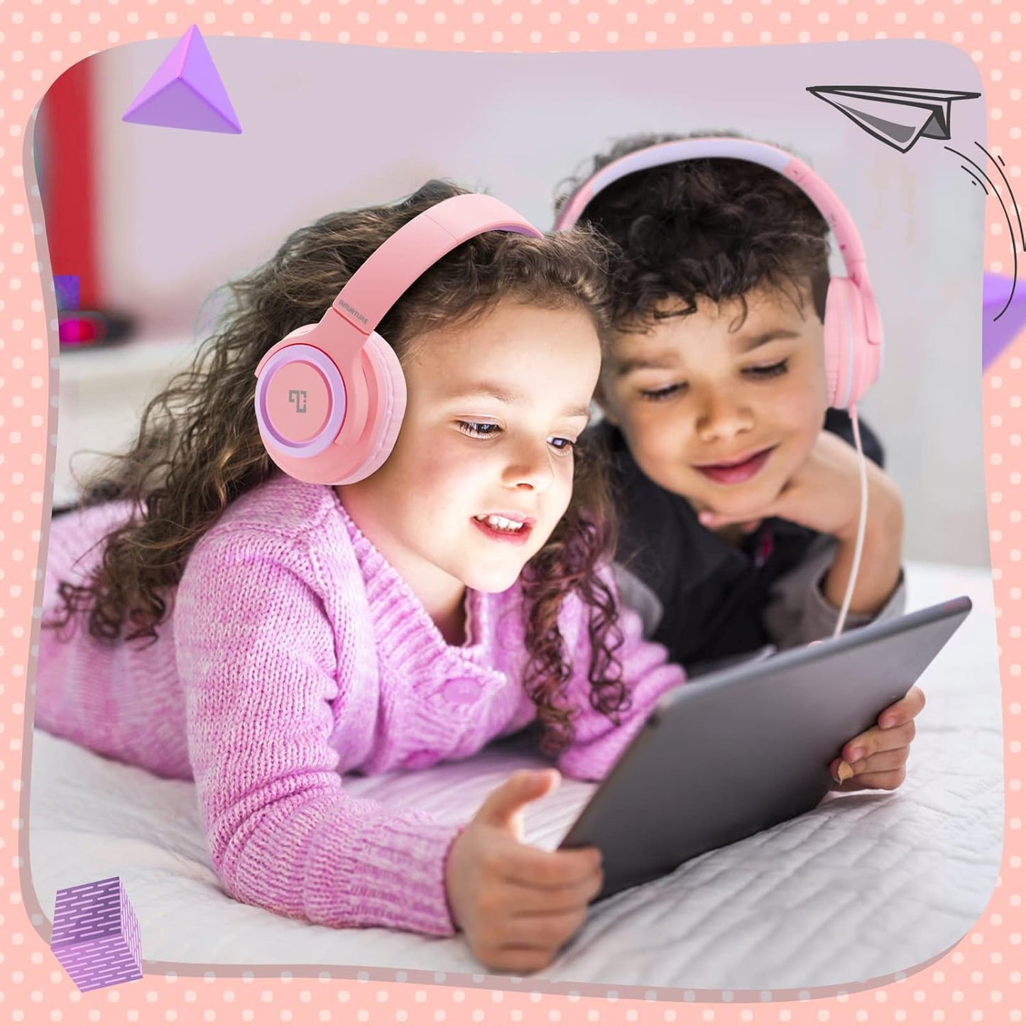 INFURTURE Kids Headphones for School Travel, 94dB Safe Volume Limited, HD Mic Stereo Sound Over-Ear Girls Boys Headphones for Kid, Foldable 3.5mm and USB-C Wired Headphones for iPad Computer