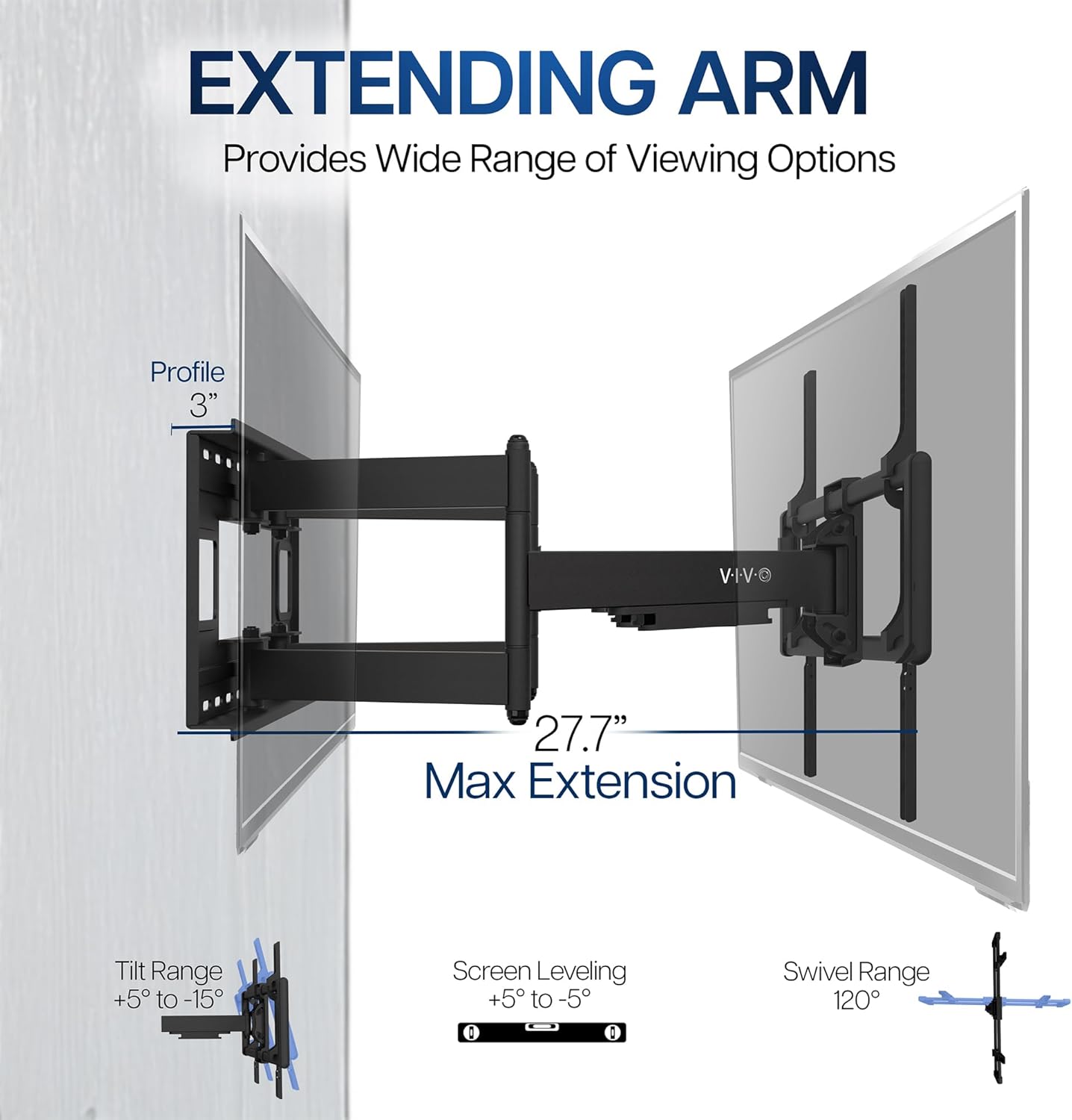 VIVO Heavy Duty 60 to 120 inch Extra Large Screen TV Articulating Wall Mount for LCD LED Flat and Curved Screens, Extended Arm Swivel Mount, Max VESA 900x600mm, Black, MOUNT-VW120M
