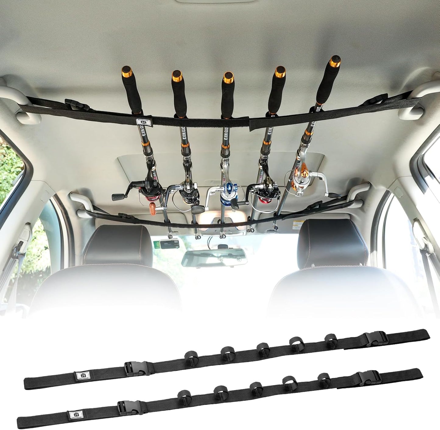 Raynesys 2 Pack Vehicle Fishing Rod Holder, Car Adjustable Fishing Rod Holder Fishing Rod Rack, Easy Install Fishing Car Rod Carrier Belt Strap for Long Travel and Fishing for SUV, Wagons, Van, Black