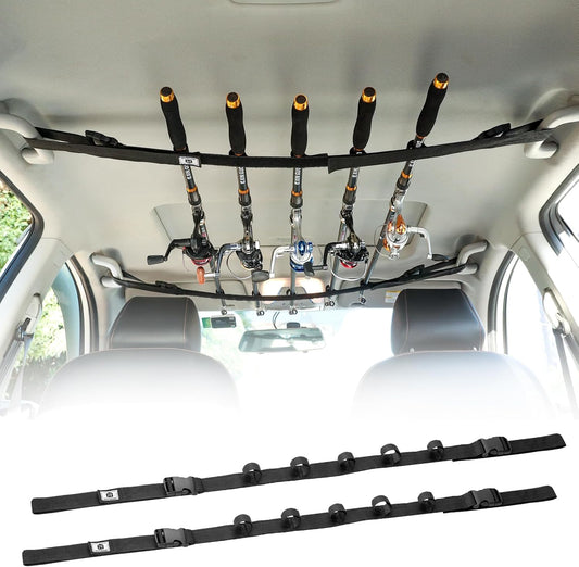 Raynesys 2 Pack Vehicle Fishing Rod Holder, Car Adjustable Fishing Rod Holder Fishing Rod Rack, Easy Install Fishing Car Rod Carrier Belt Strap for Long Travel and Fishing for SUV, Wagons, Van, Black - PuriLite