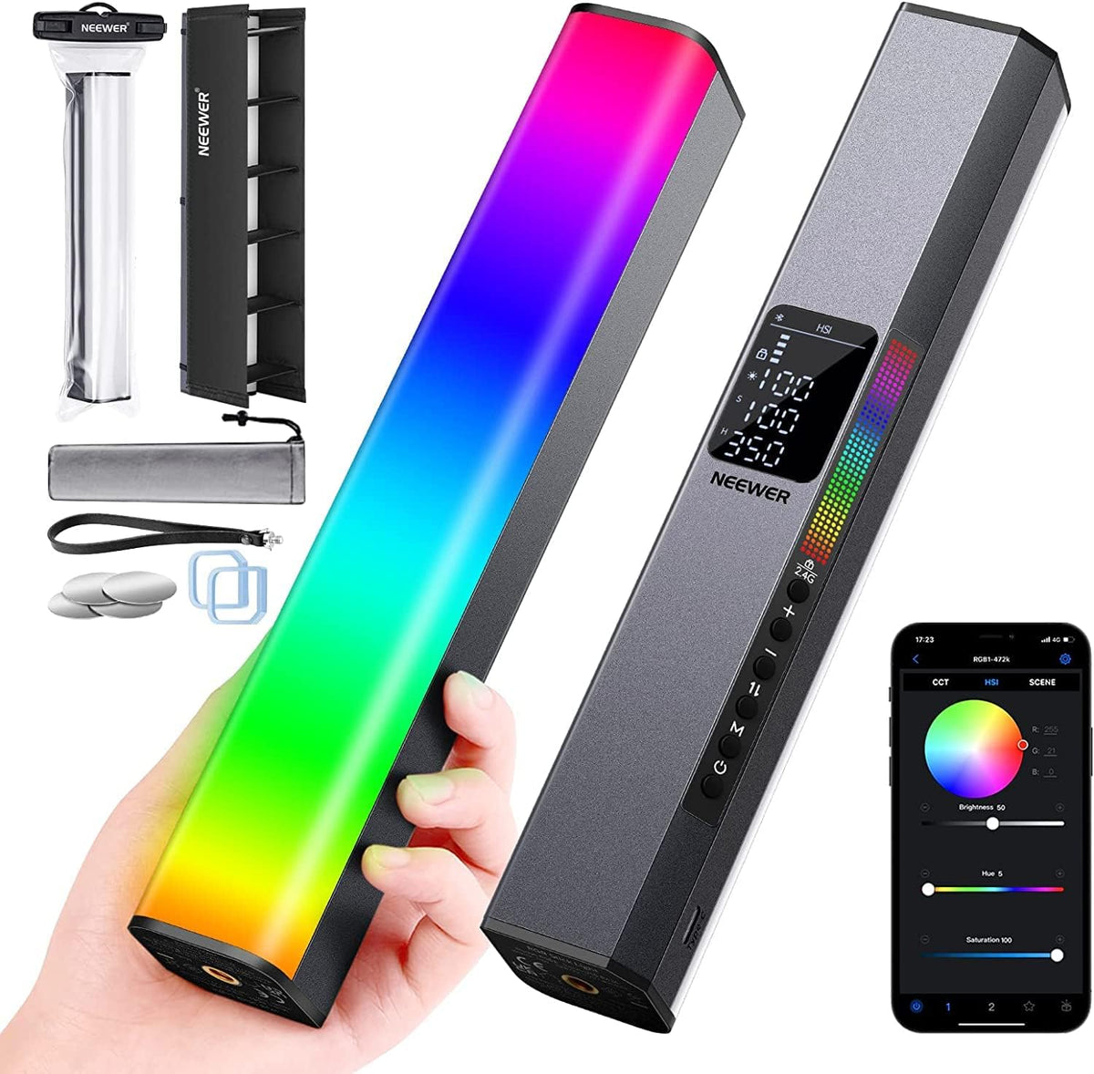 RGB LED Video Light Stick with App Control | Magnetic Handheld Photography Lighting Wand with Rechargeable Battery - PuriLite