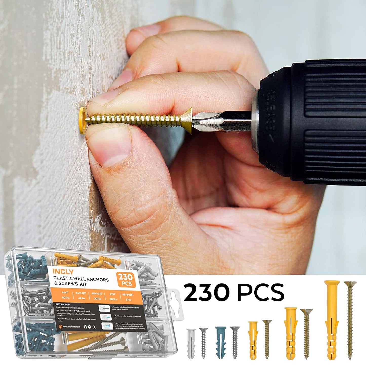 INCLY 230 PCS Drywall Anchors and Screws Assortment Kit,115 Plastic Self Drilling Wall Anchors for Drywall and 115 Flat Head Screw,5 Sizes Heavy Duty Galvanized Screw and Wall Plug Bolts with Box
