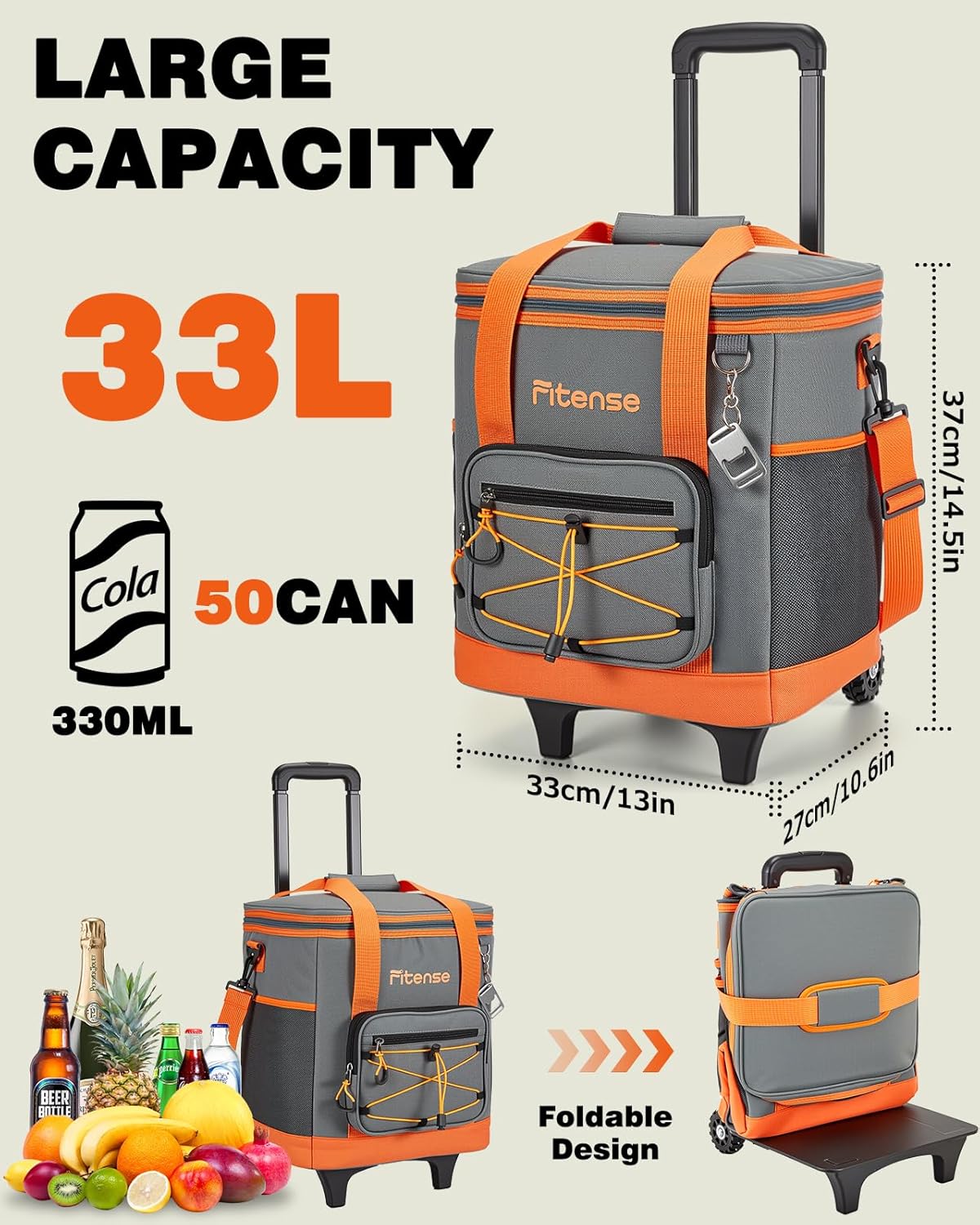 Fitense Soft Cooler Bag Insulated 50 Cans/33L, 27 Cans/20L Camping Cooler 4-Layer Leakproof, Collapsible Portable Lunch Cooler for Beach, Travel, Picnic, Grocery, Kayaking