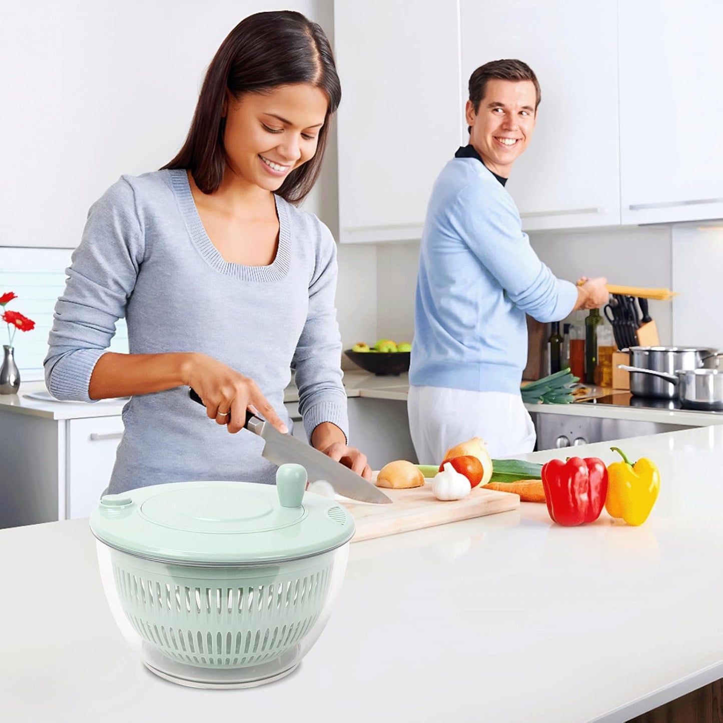 Domigard 5.3 Qt Salad Spinner Large Lettuce Spinner, 10 in 1 Multifunction Vegetable Dryer with 5 Blades, Fruit Washer Spinner with Transparent Bowl