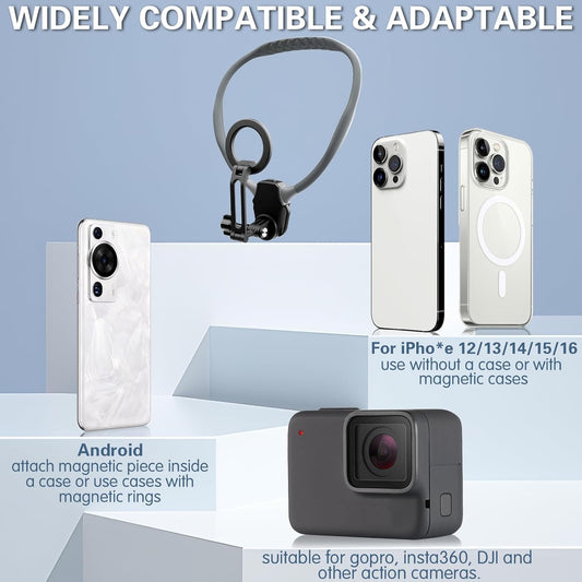 Beviliu Magnetic Neck Phone Holder for Recording, Hands Free POV/Vlog Neck Mount with Chest Strap, Video Filming for Cooking/Riding, Content Creator for iPhone 16 15 14 13 12 Android GoPro Insta360 - PuriLite