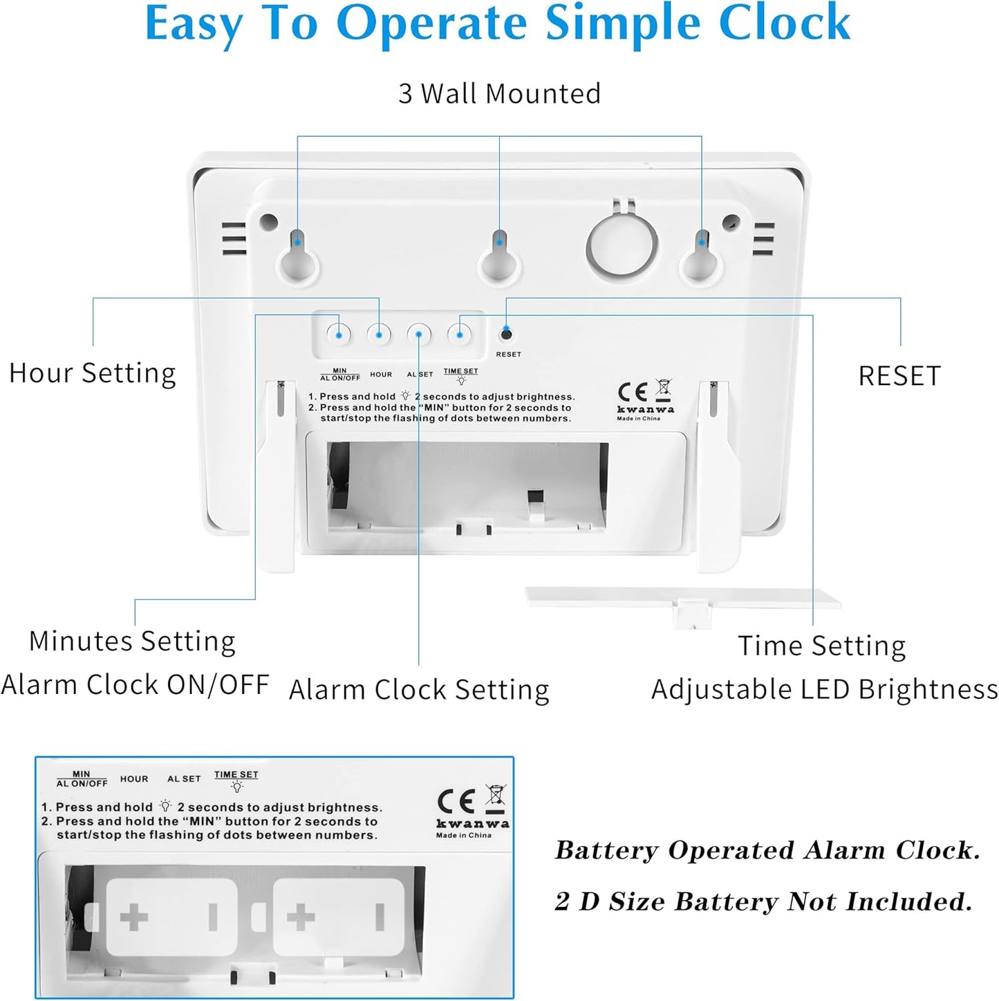 Wall Clock, Digital Clock, 8" Extra Large Display, 3" Big LED Number, Battery Operated, Adjustable Brightness, Clock for Bedroom, for Desk, Wall Mounted