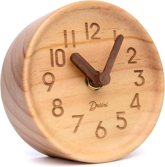 Driini Wooden Desk & Table Analog Clock Made of Genuine Pine (Light) - Battery Operated with Precise Silent Sweep Mechanism