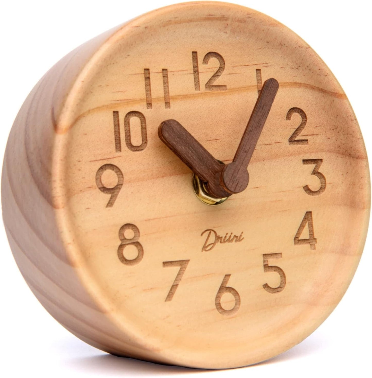 Driini Wooden Analog Desktop Clock – 4.3 in. Decorative Pinewood Clock, No-Tick Design – Easy to Read Silent Sweep Mantle Clock – Quiet Tabletop Clocks with Wood Body, Hands, & Battery Cover; White