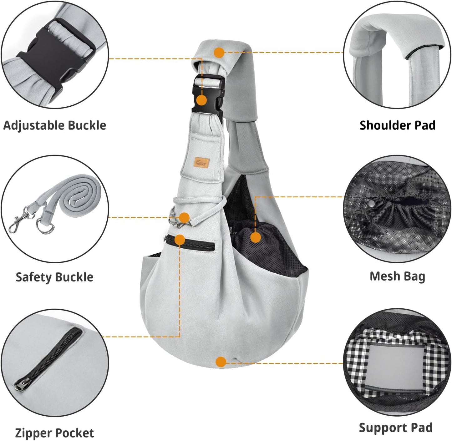 Cuby Adjustable Dog Cat Sling Padded Hard Bottom Pet Carrier Sling Soft Carrying Puppy Bag for Small Dogs Cats Outdoor Travel (Grayish-White)