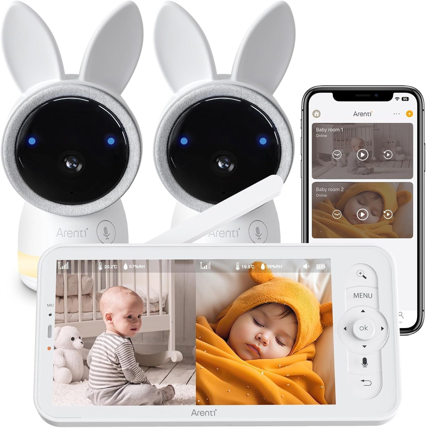 Arenti Baby Monitor 2 Cameras, 2K Smart Baby Camera 2PC with 5-Inch Upgraded Wireless Display 1PC, Super Night Vision, Lullabies, Cry & Motion Detection, Temp & Humidity Sensor, Two Way Audio, Wifi 6