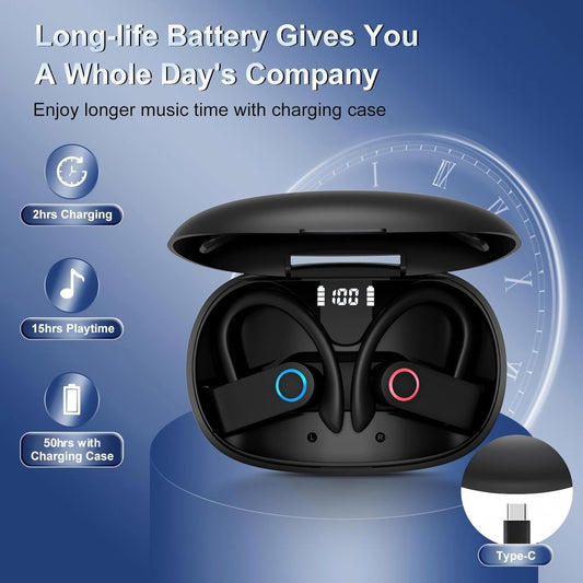 Wireless Earhooked Earbuds Bluetooth Headphones with IPX6 Waterproof,50H Playtime HiFi Stereo & Battery Display Case & Comfort Fit in-Ear Earphones for Workout/Running/Sport