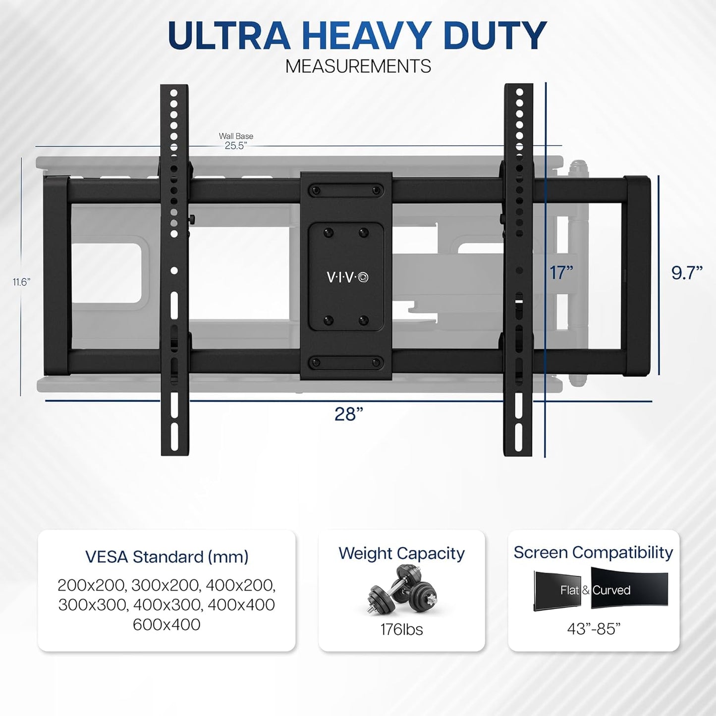 VIVO Heavy Duty 60 to 120 inch Extra Large Screen TV Articulating Wall Mount for LCD LED Flat and Curved Screens, Extended Arm Swivel Mount, Max VESA 900x600mm, Black, MOUNT-VW120M