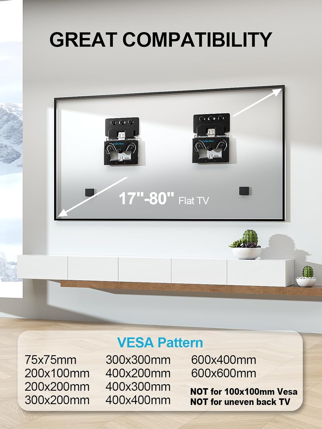 Supcline Ultra Slim TV Wall Mount Compatible with 14"- 80" Flat & Frame TVs, 0.3" Micro-Gap Low Profile TV Mount, Minimalist Look, Blends Any Interior, Hold up to 100Lbs, Not for 100x100 Vesa