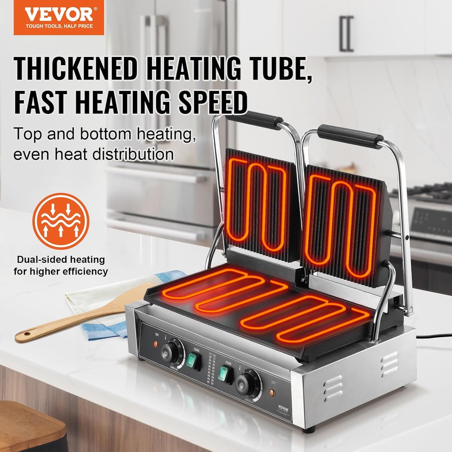 VEVOR 7 IN 1 Electric Contact Grill,1800W Indoor Panini Press Griddle,Stainless Steel Teppanyaki Grill with Nonstick&Removable Iron Plate, 0-446℉ Adjustable Temp Control,LCD Display,110V