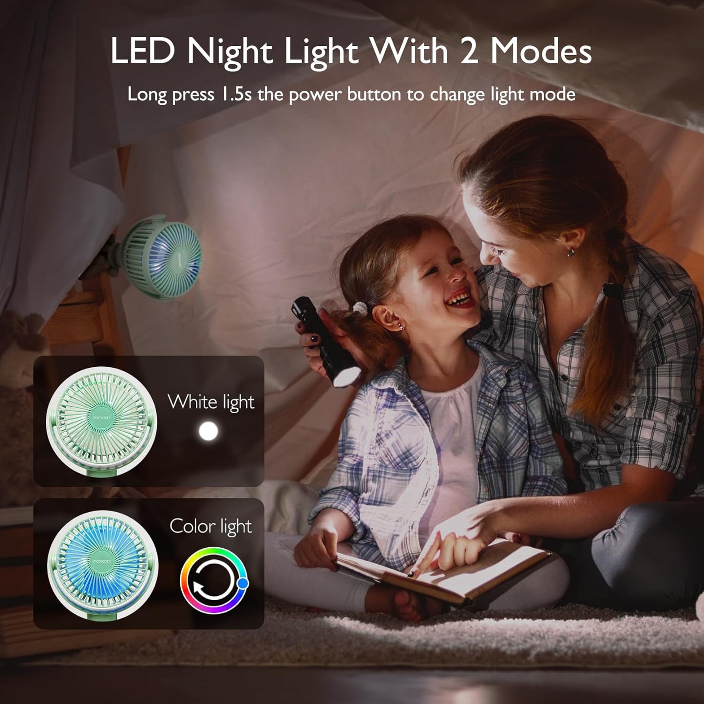 Momcozy Portable Stroller Fan, 27H Ultra-long Battery Life, Detachable 4 Speed 360°Rotate, LED Night Light with 2 Modes, USB Rechargeable and Handheld Cooling Fan for Travel, Car Seat