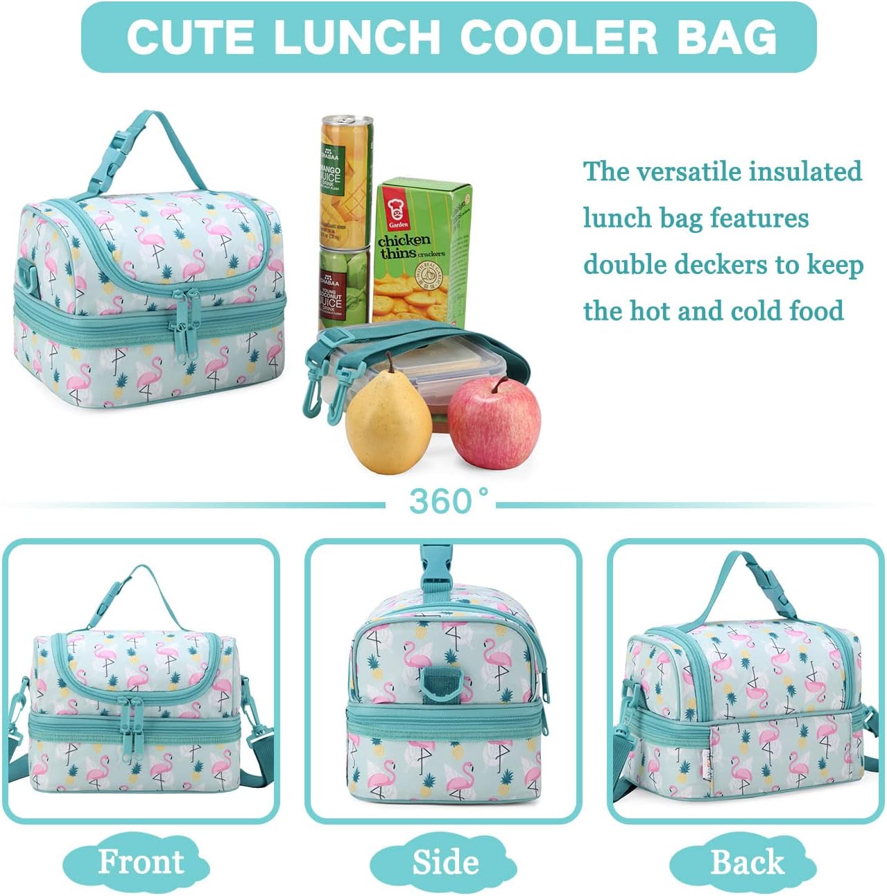 VASCHY Lunch Box Bag Men, Insulated Two Compartments Bento Cooler Bags for Adults/Women/Kids for School,Daycare,Kindergarten,Picnic Black