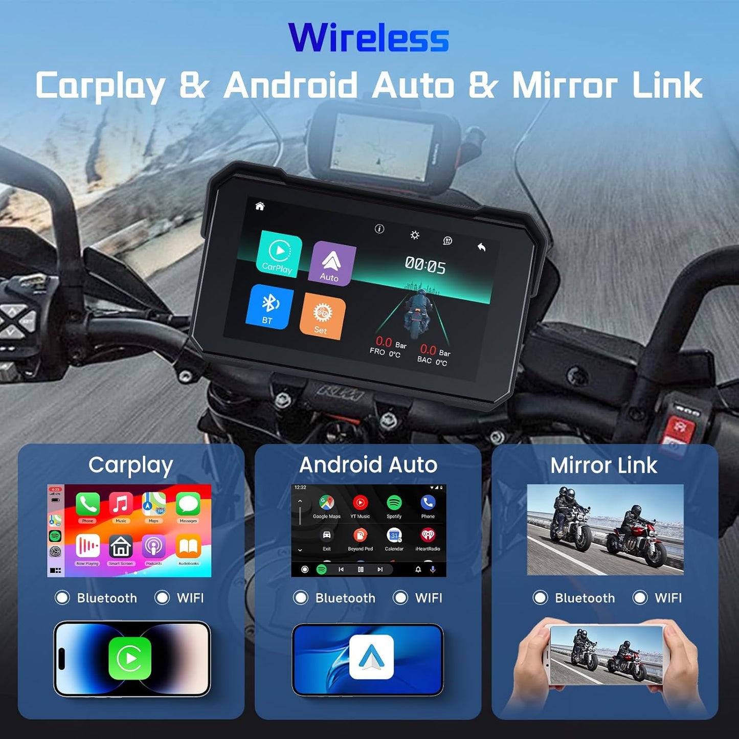 5 Inch Motorcycle CarPlay Screen - Wireless CarPlay/Android Auto/Mirror Link, IP68 Waterproof Touchscreen with Adjustable Mount, Bluetooth, Manual-Dimming HD Display for Motorcycles