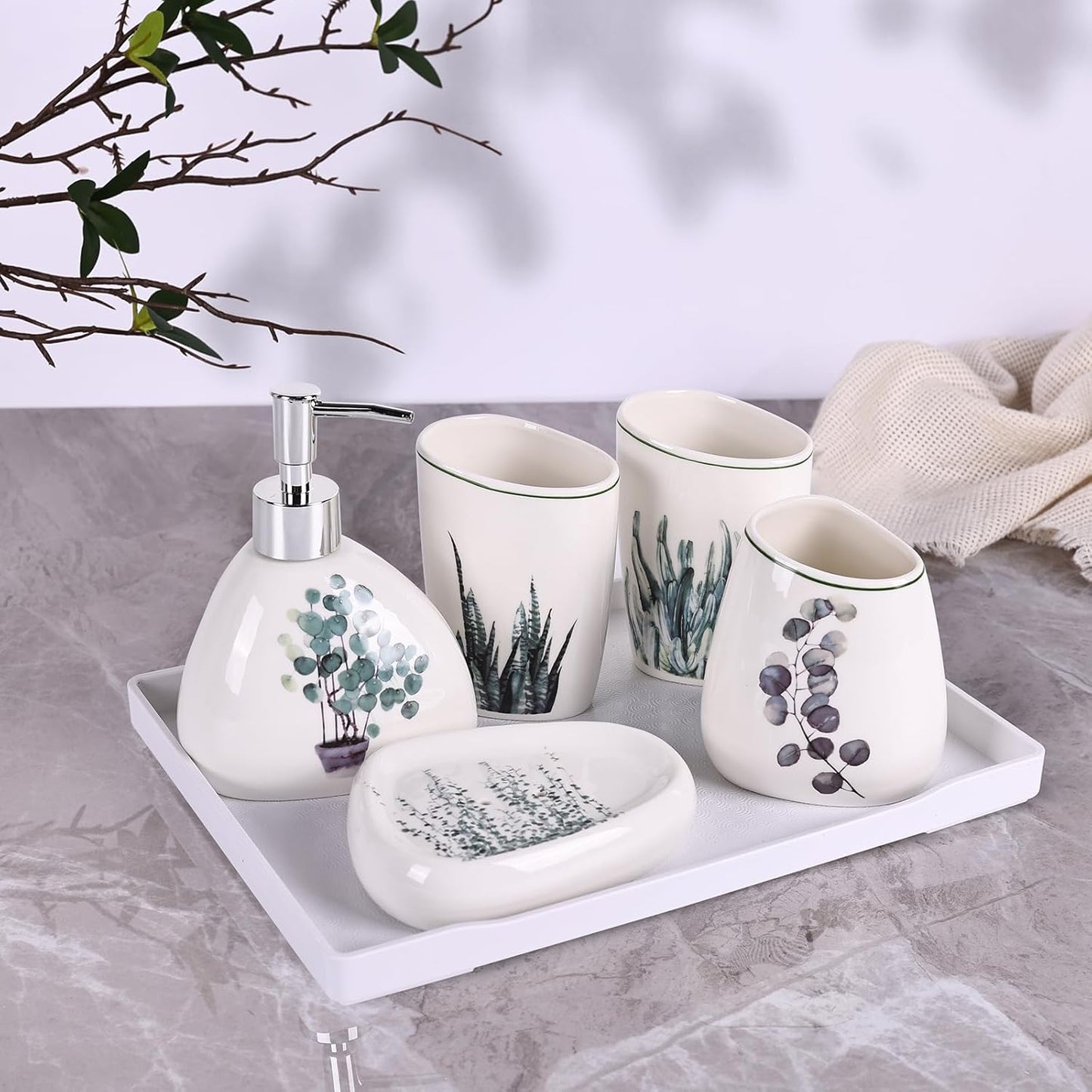 White Bathroom Accessories Set,Modern Countertop Bathroom Decor,Luxury 6 Piece Bathroom Accessory Set,Complete with Soap Dispenser,Toothbrush Holder,Tumbler,Tray