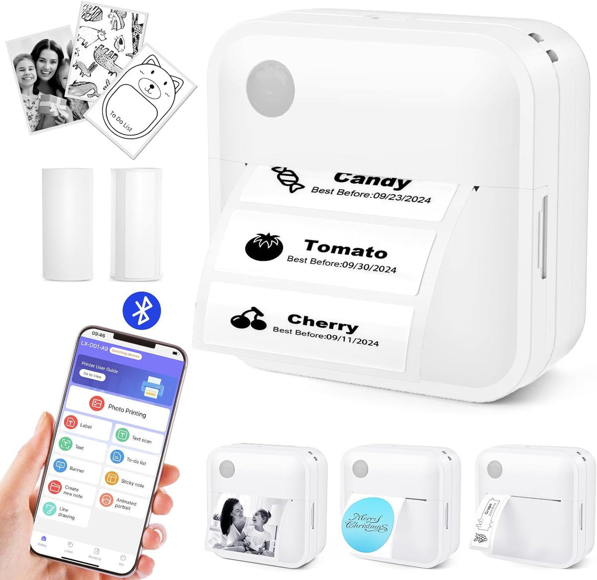 Label Maker Machine with Tape - Thermal Label Printer Bluetooth Label Maker Machine, Mini Printer Sticker Maker for Home, Kitchen, School, Office Organization with 2 Rolls Paper (Green) - PuriLite
